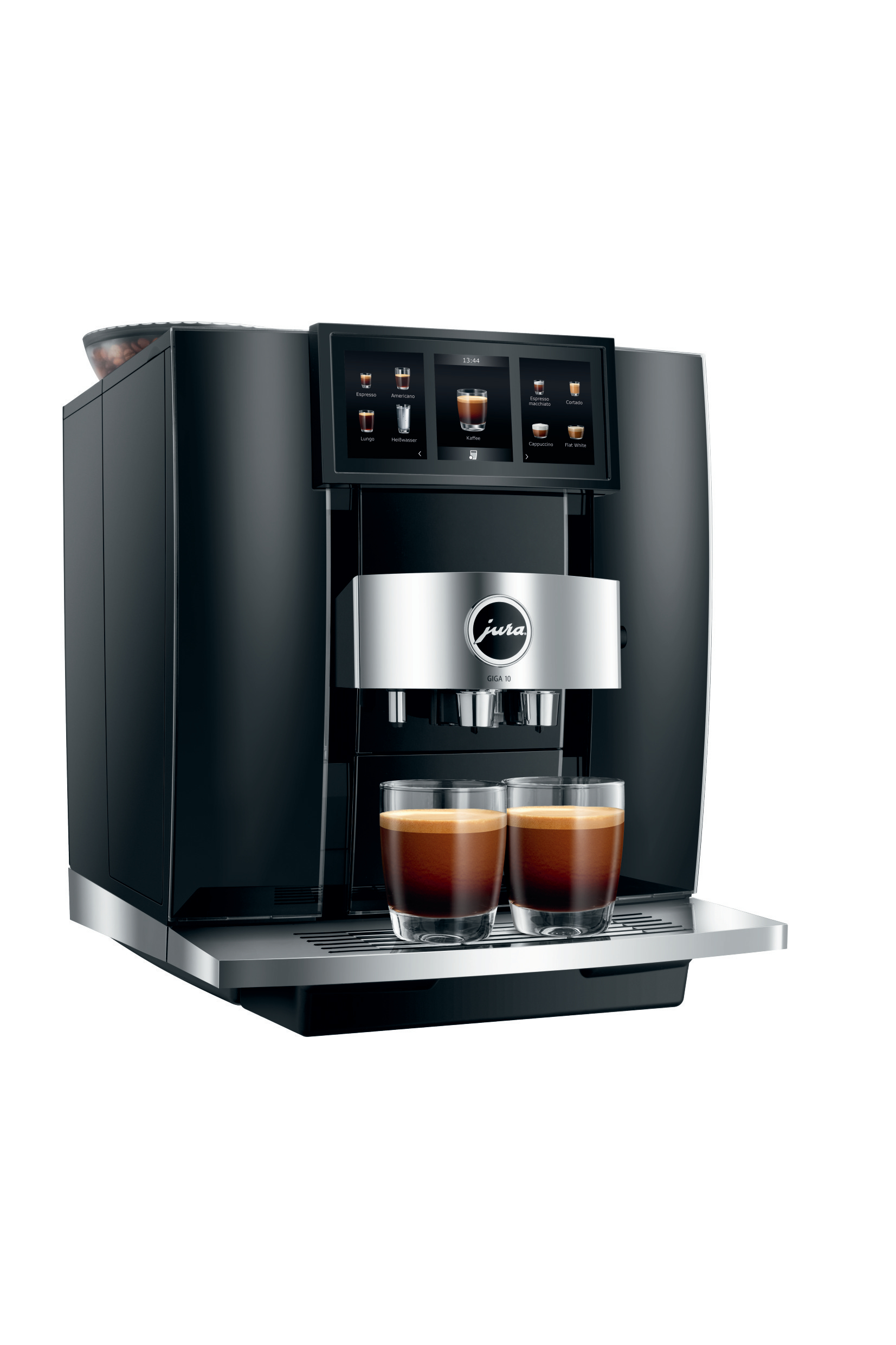 Schwarze und silberne Jura Espressomaschine mit zwei Kaffeegläsern.