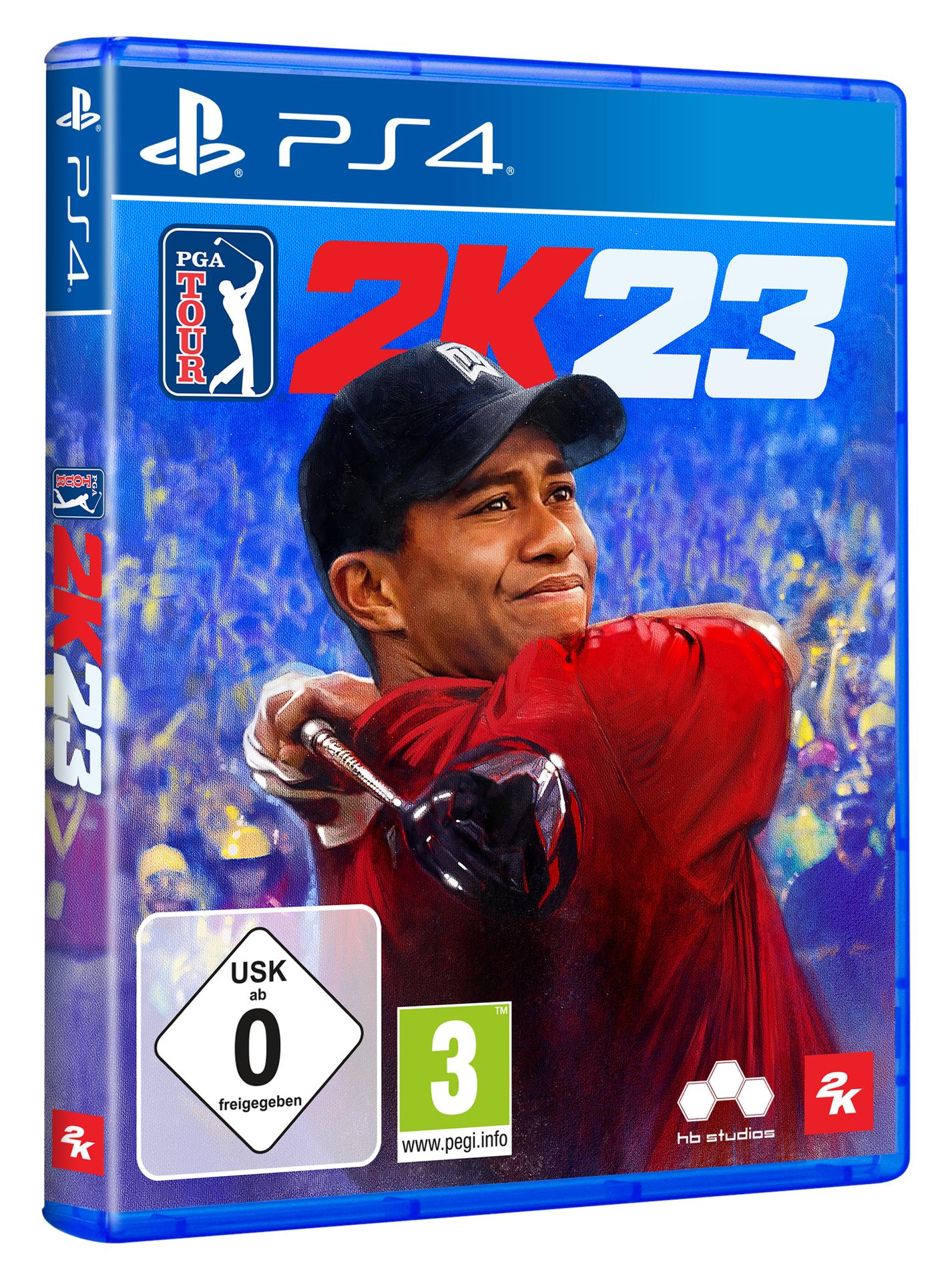 PS4-Spielcover. Tiger Woods schwingt einen Golfschläger. Das Spiel ist PGA Tour 2K23.