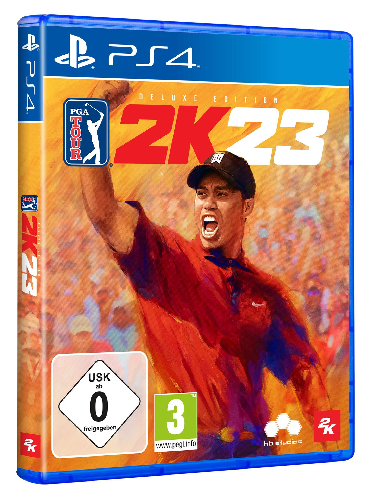 PS4-Spielcover für PGA Tour 2K23 mit Tiger Woods und Spieldetails.