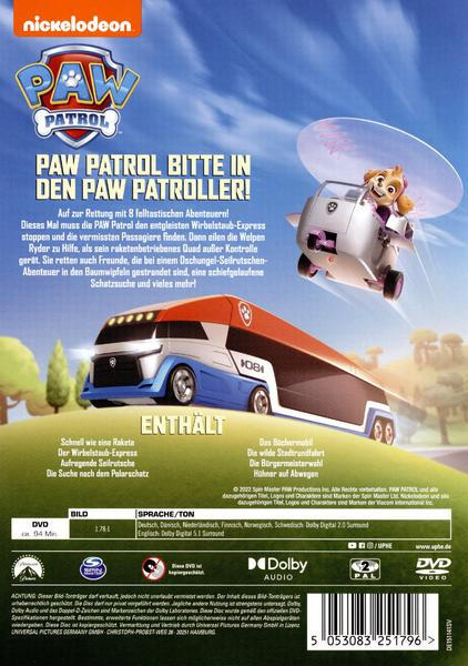 Rückseite einer DVD-Hülle von Paw Patrol, mit Bildern der Charaktere und Fahrzeuge.