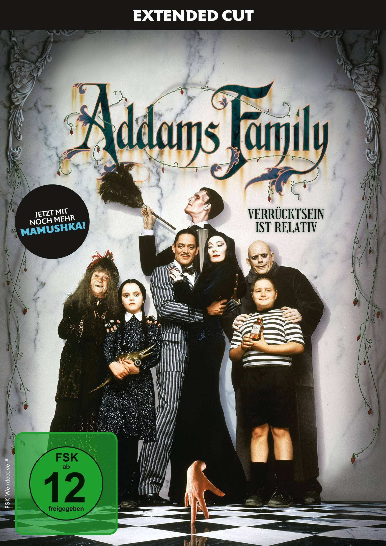 Das Cover des Films Die Addams Family mit dem Text Extended Cut.