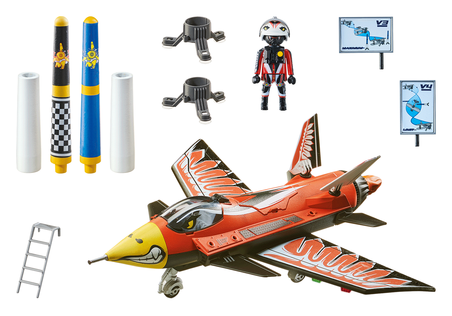 Ein Spielzeugflugzeug und andere Spielzeugteile.