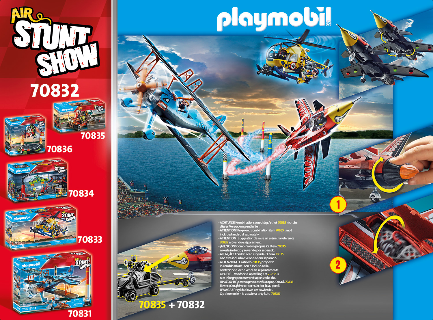 Playmobil Stunt Show Set mit Flugzeugen, Hubschraubern und Autos. Einige Spielzeuge sind in Kartons. Detailliertes Bild.