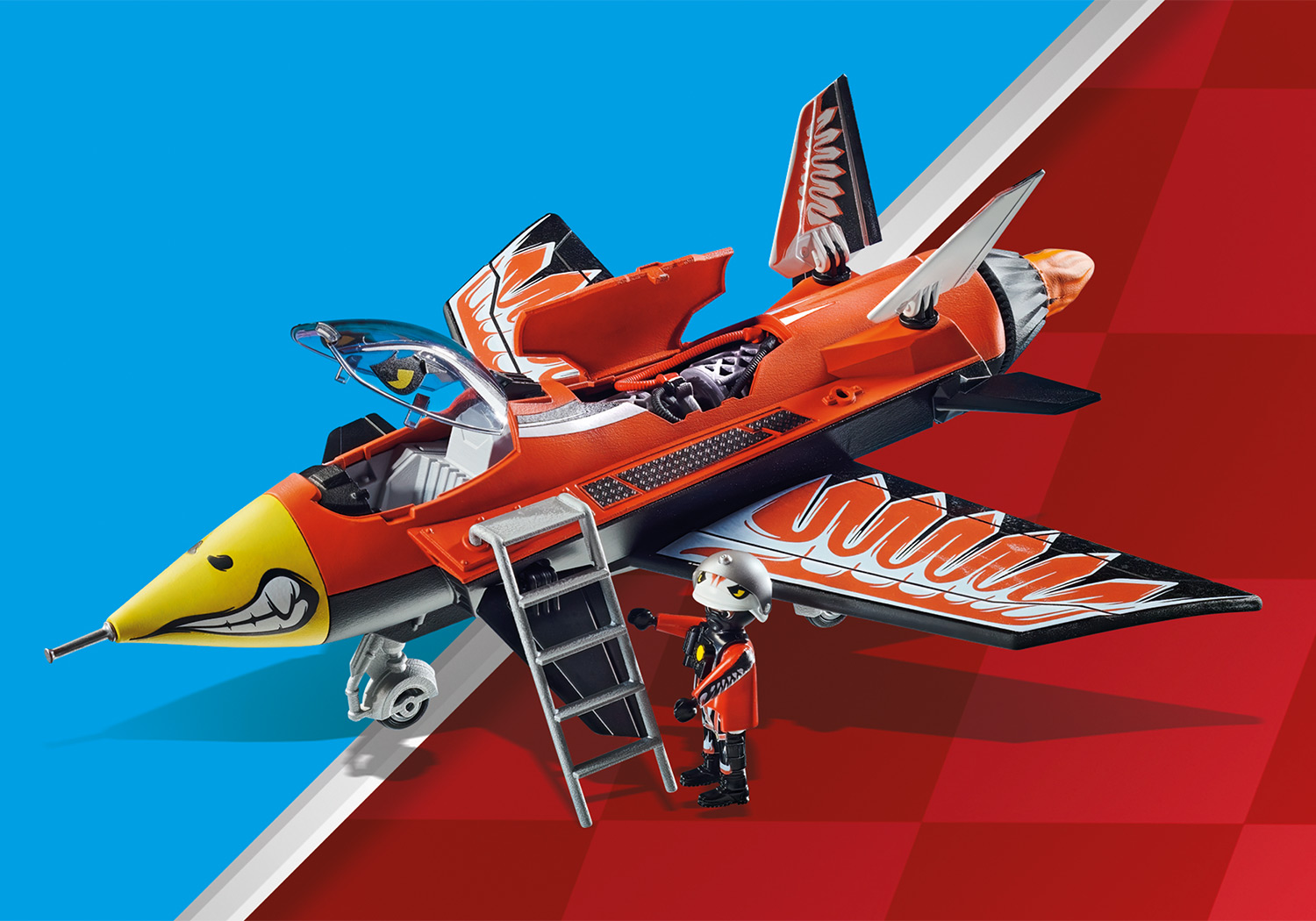 Spielzeug-Jet, rot und orange. Enthält eine Figur und Leiter.