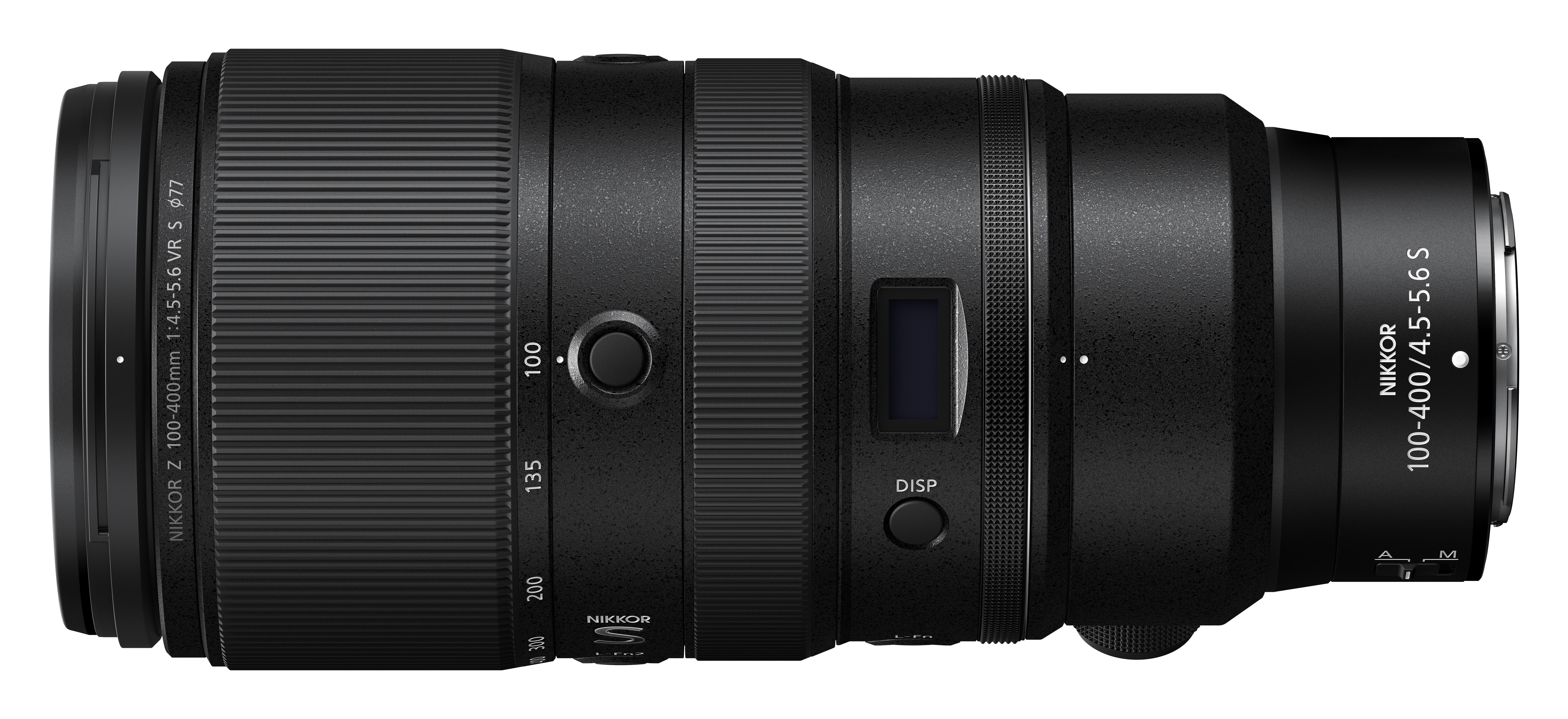 Nahaufnahme eines schwarzen Kameraobjektivs mit der Aufschrift 'NIKKOR Z 100-400/4.5-5.6 S' auf weißem Grund.