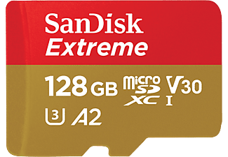 SANDISK Extreme (UHS-I) - Micro-SDXC-Speicherkarte  (128 GB, 190 MB/s, Rot/Gold)