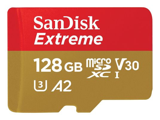 SANDISK Extreme (UHS-I) - Micro-SDXC-Speicherkarte  (128 GB, 190 MB/s, Rot/Gold)
