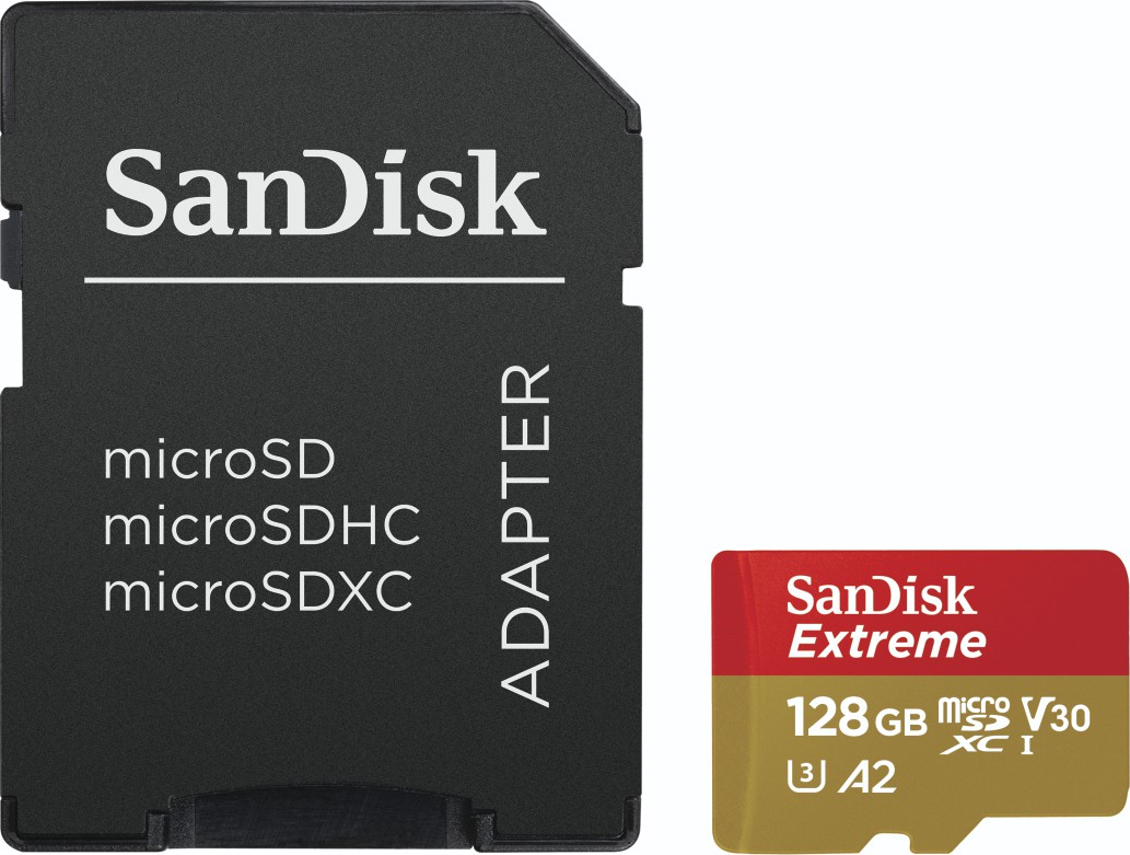 Eine rot-goldene SD-Karte mit einem schwarzen Adapter wird gezeigt.