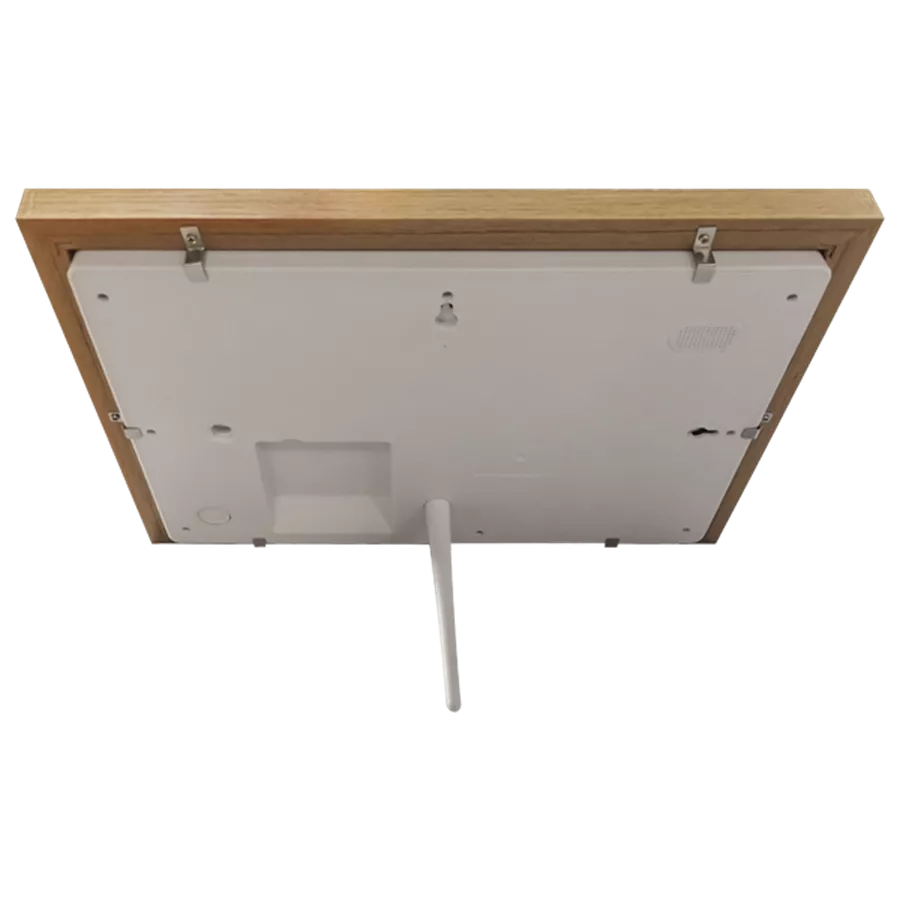 Rückansicht eines LED-Lichtpanels mit Holzrahmen und Ständer. Weißes Panel.