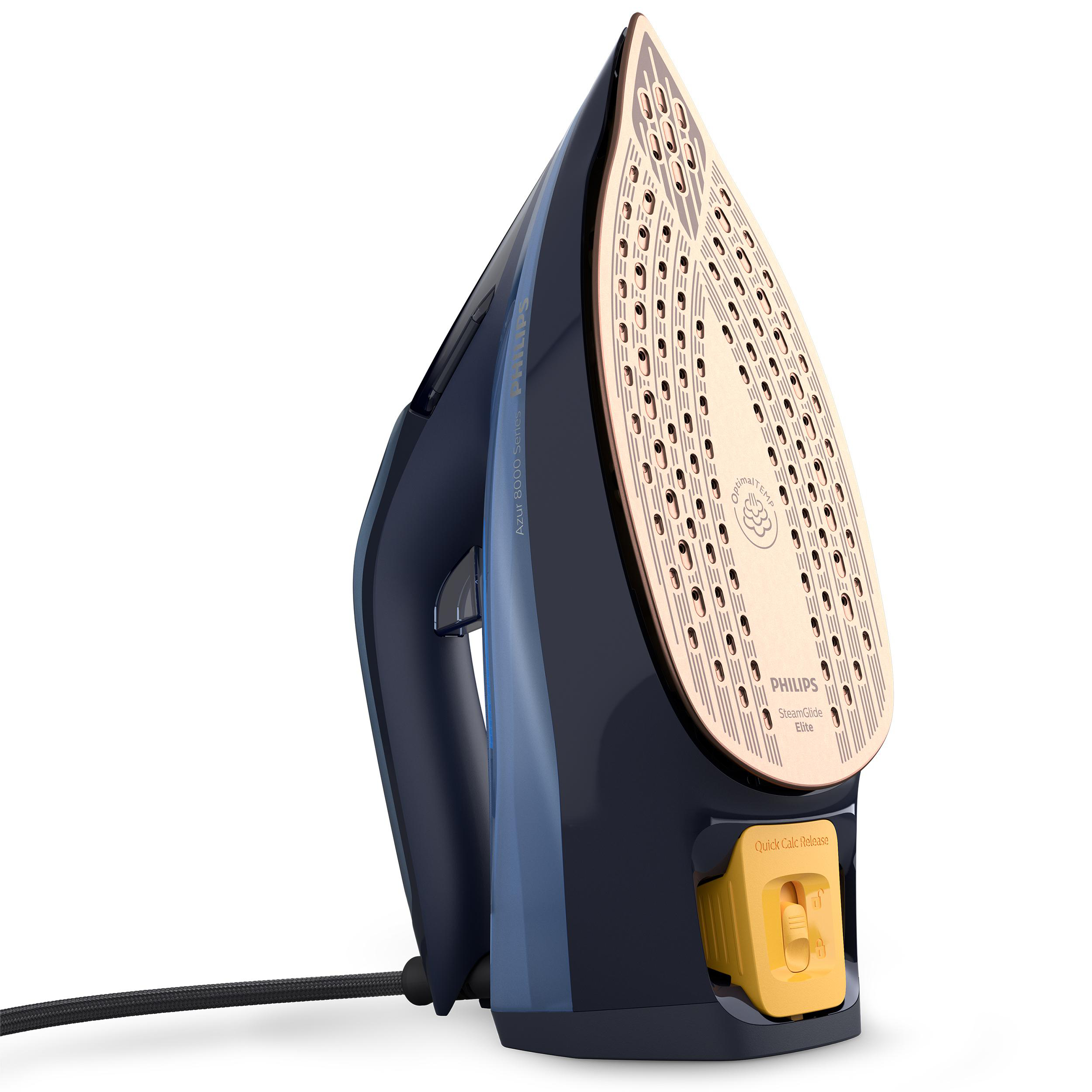 Dunkelblaues Philips Azur Bügeleisen. Beige Bügelsohle mit mehreren Löchern. Griff und Kabel sind schwarz.