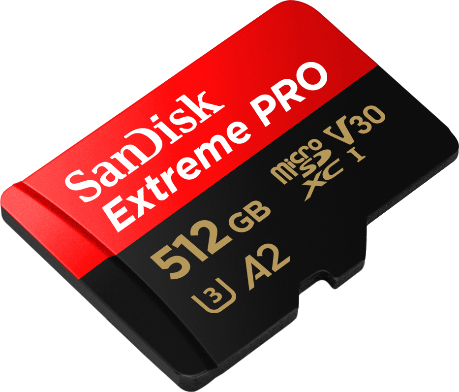Eine rot-schwarze SanDisk Extreme Pro MicroSD-Karte. Zeigt 512 GB und Spezifikationen.