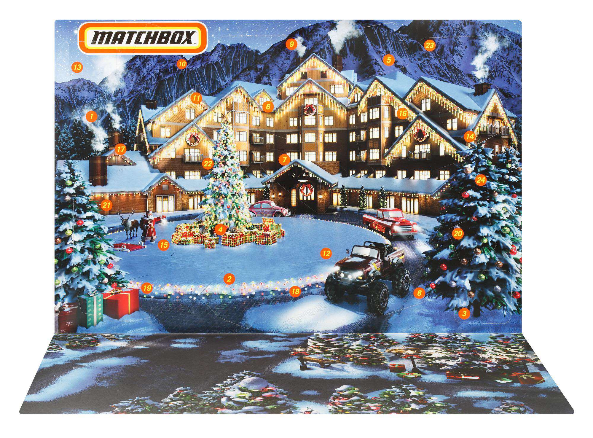 Ein Matchbox-Adventskalender zeigt ein verschneites Bergresort bei Nacht mit einem Weihnachtsbaum und Autos. Der Himmel ist dunkel.