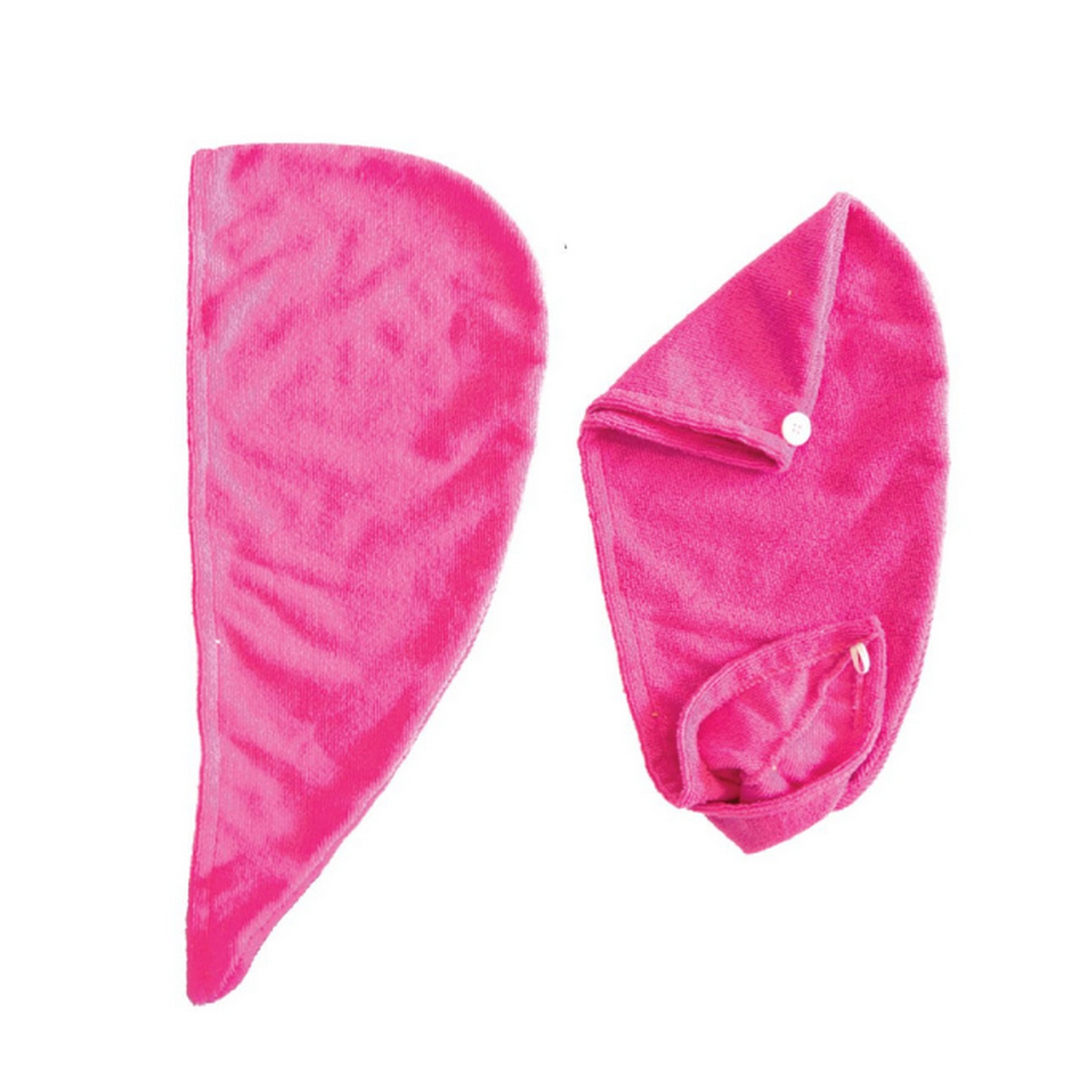 Dos toallas para el cabello rosa intenso, una doblada, sobre fondo blanco.