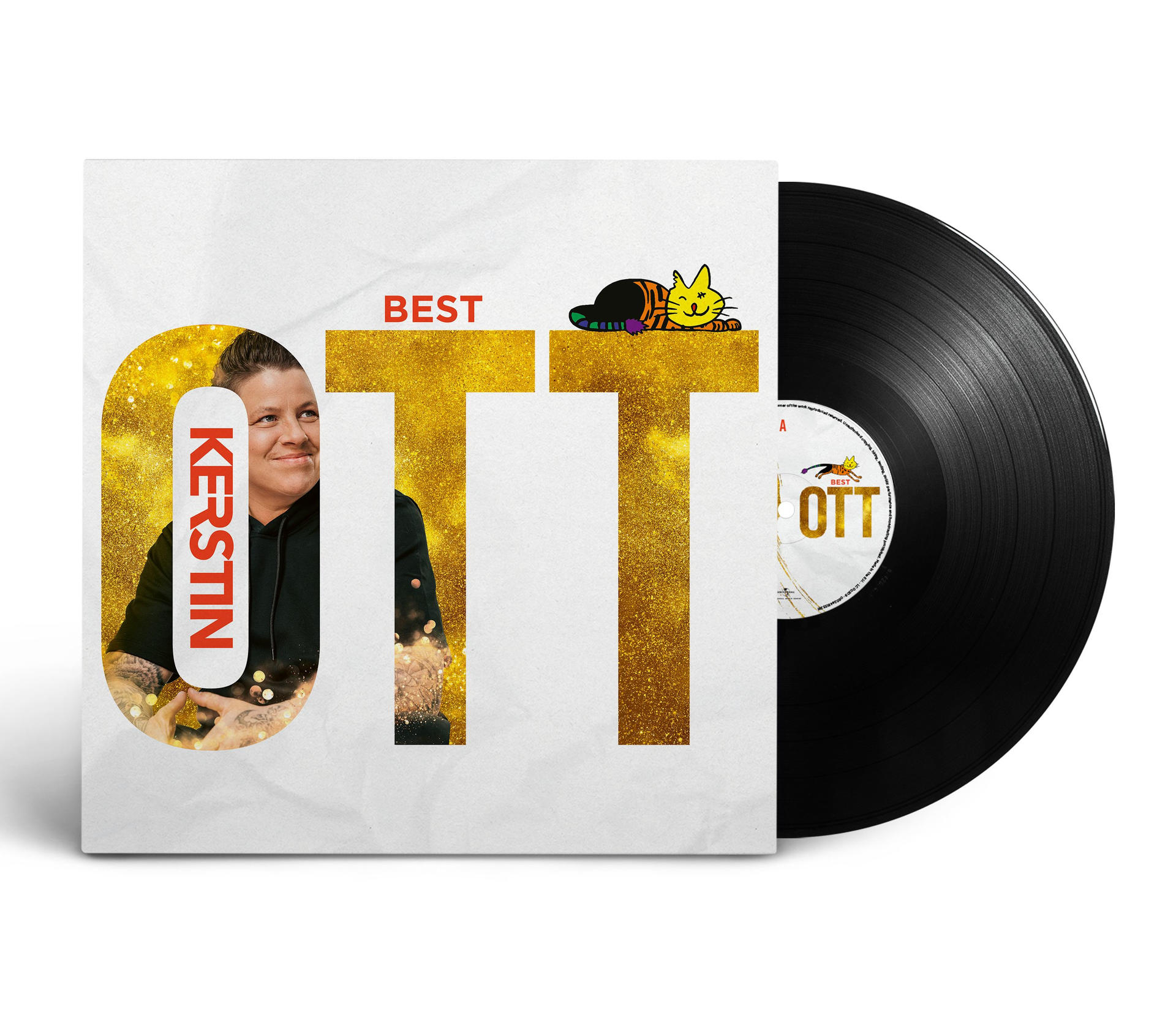 Albumcover mit Frauengesicht, Text 'BEST OTT', Katzenillustration und Schallplatte.