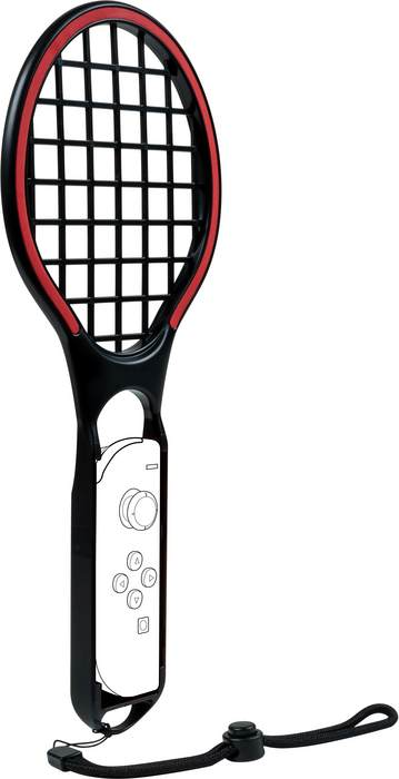 Accessoire de raquette de tennis Nintendo Switch noir et rouge avec dragonne. Sur fond blanc.