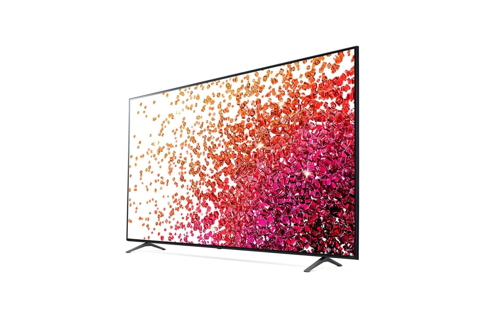 Renkli, soyut bir desen gösteren büyük, modern bir TV ekranı. Beyaz bir arka planda.