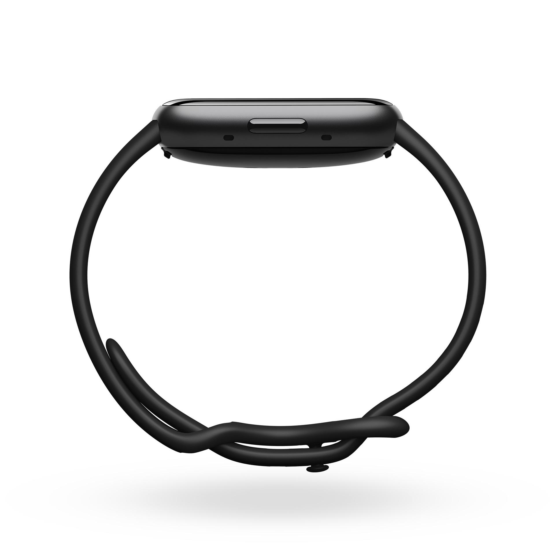 Schwarze Smartwatch auf weißem Hintergrund. Seitenansicht, zeigt Armband und Knopf.