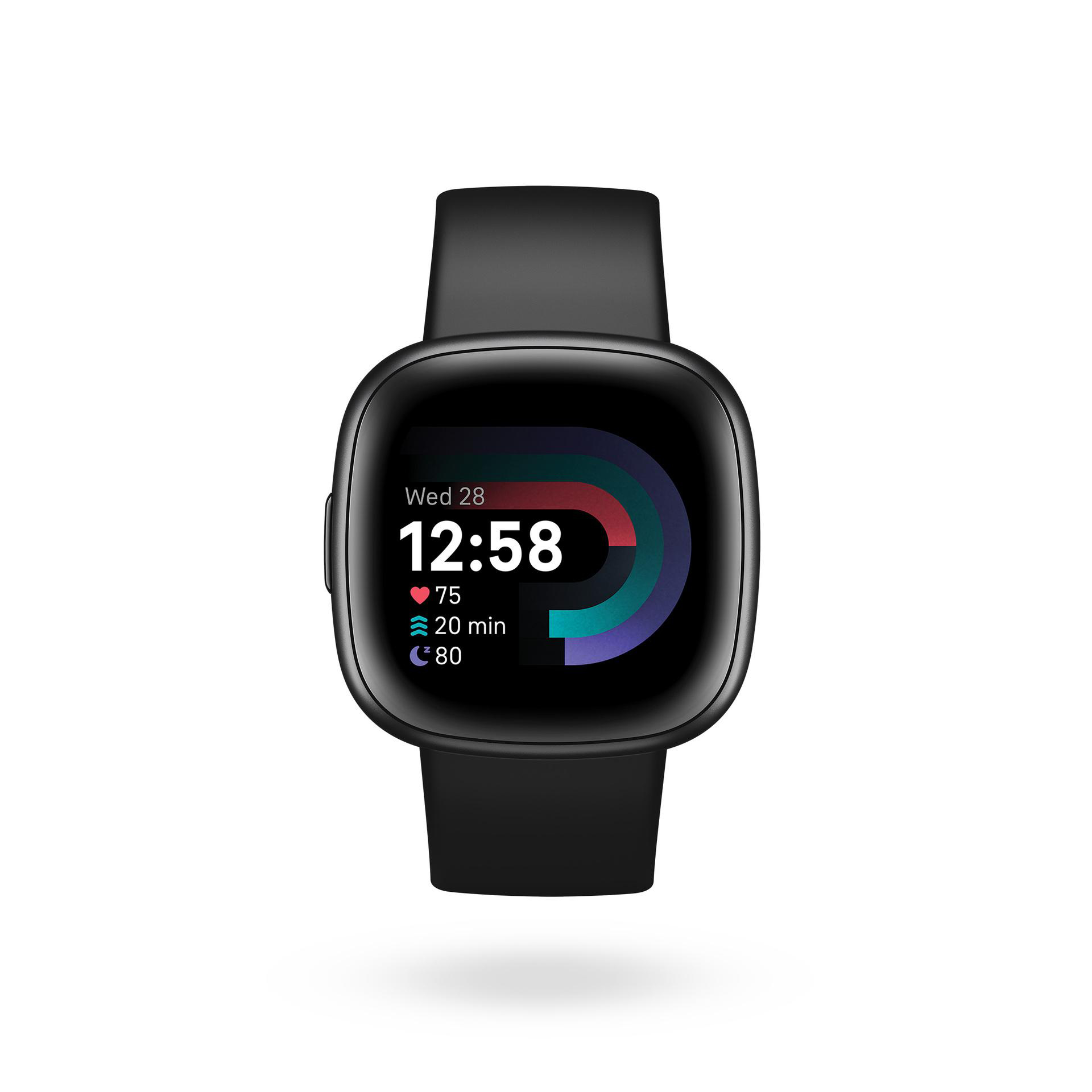 Schwarze Smartwatch zeigt Zeit, Herzfrequenz und Statistiken vor weißem Hintergrund.