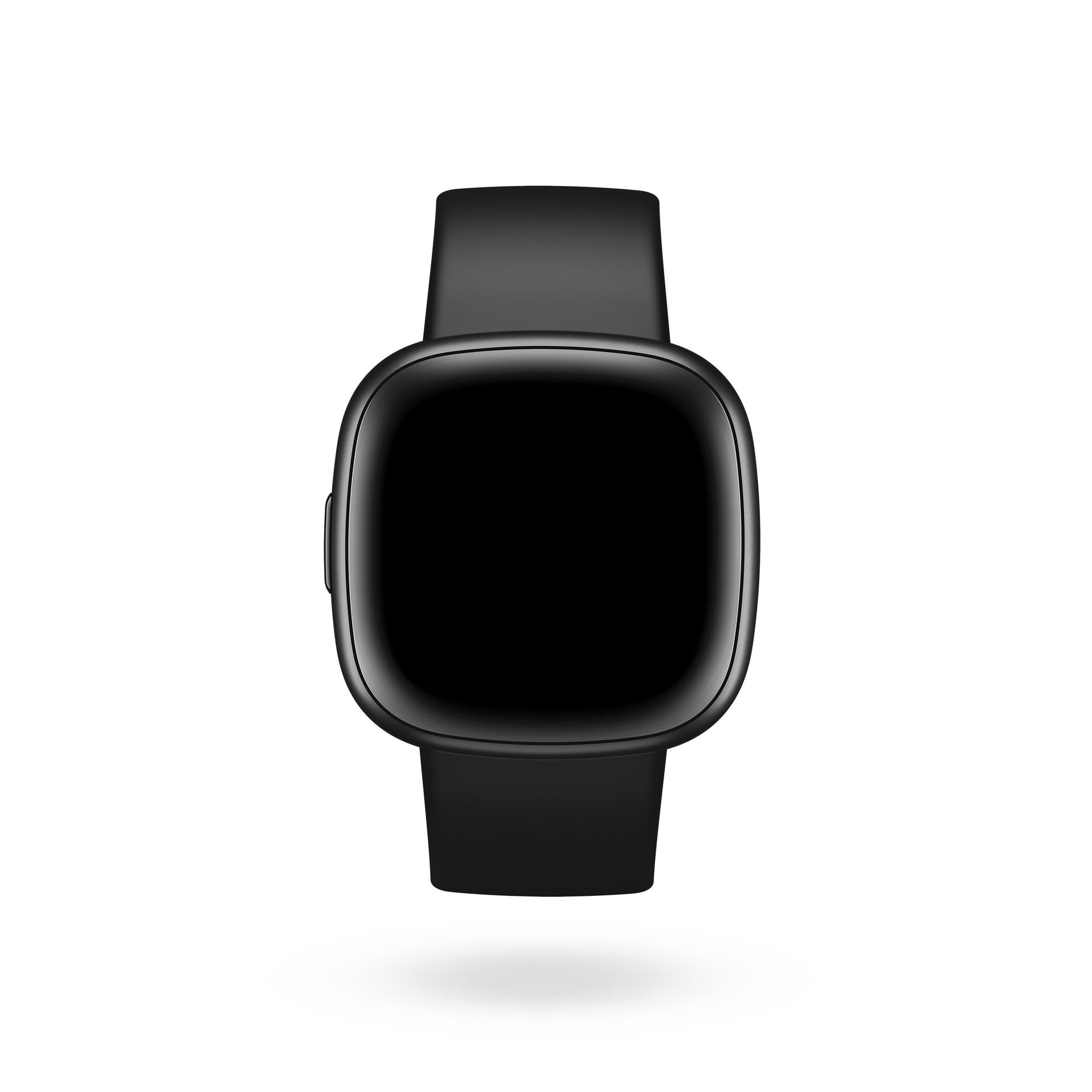 Eine schwarze Fitbit Versa 4 Smartwatch auf weißem Hintergrund.