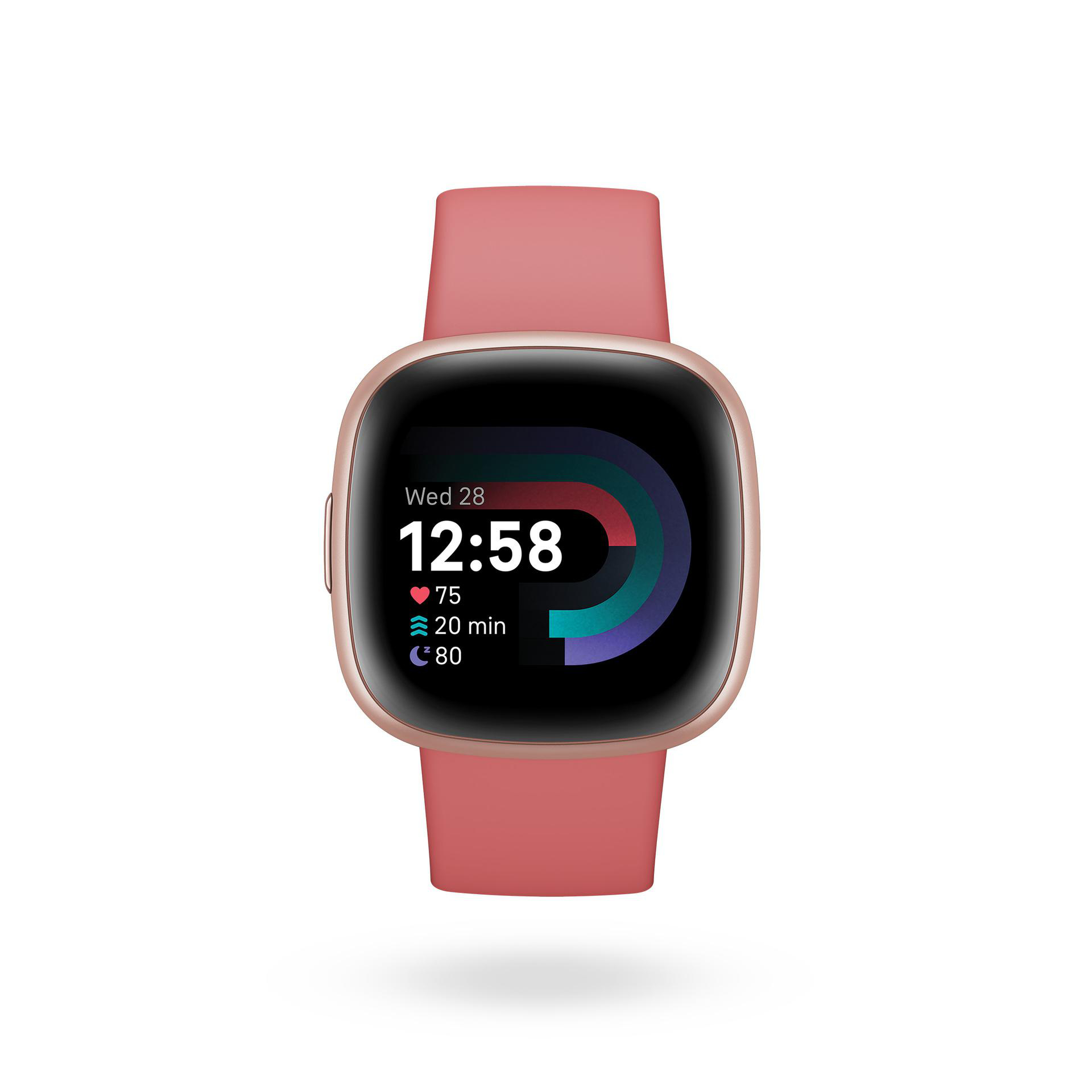 Pinke Smartwatch mit roségoldenem Gehäuse, zeigt Zeit und Aktivitätsstatistiken.