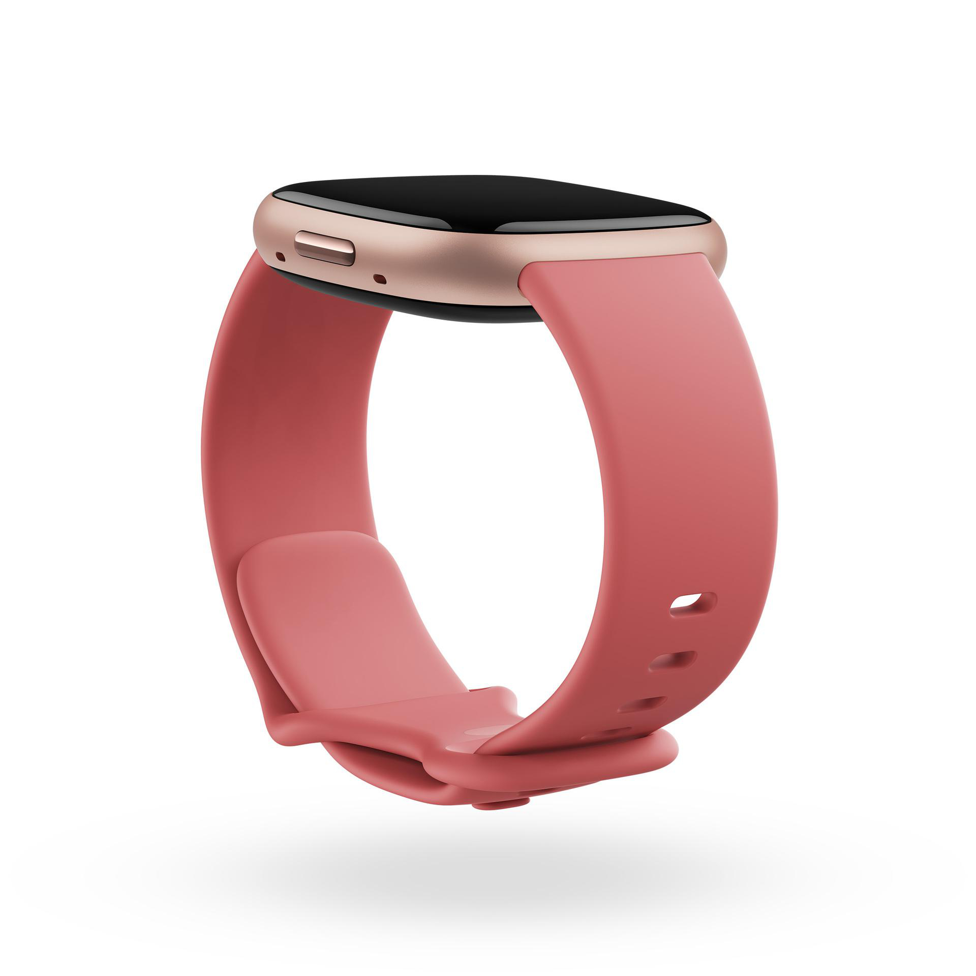 Eine rosafarbene Smartwatch mit roségoldfarbenem Gehäuse. Sie wird auf weißem Hintergrund gezeigt.