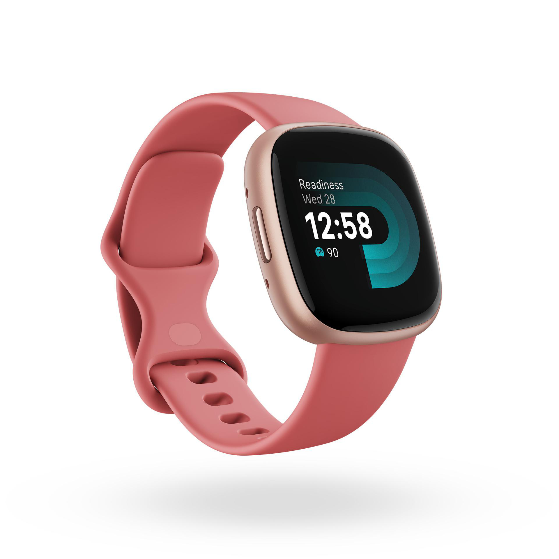 Rosafarbene Smartwatch mit goldfarbener Lünette und schwarzem Bildschirm, zeigt Zeit und Gesundheitsdaten.