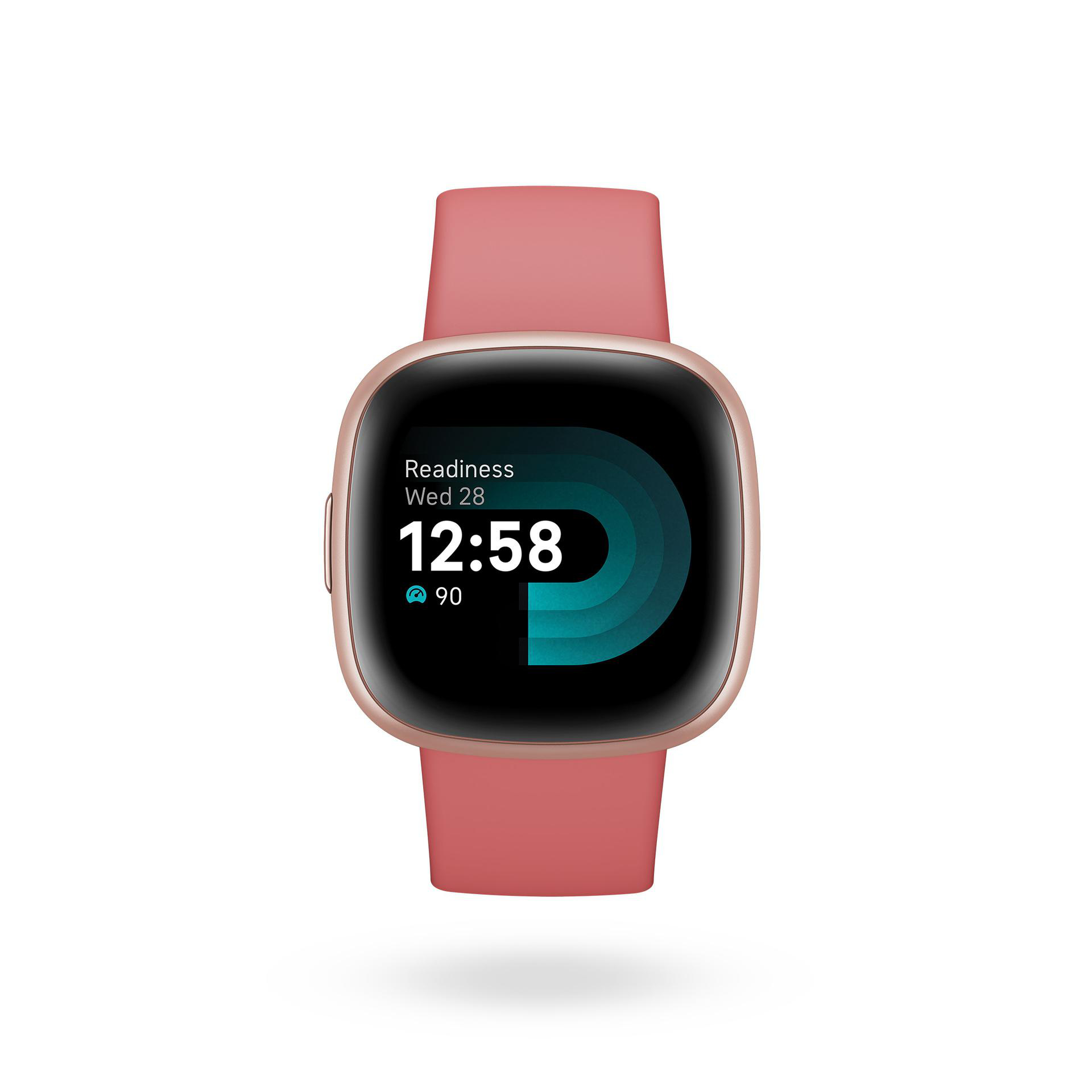 Ein rosafarbenes Fitness-Armband mit Bildschirm, der Zeit und Fitness-Metriken anzeigt, vor weißem Hintergrund.