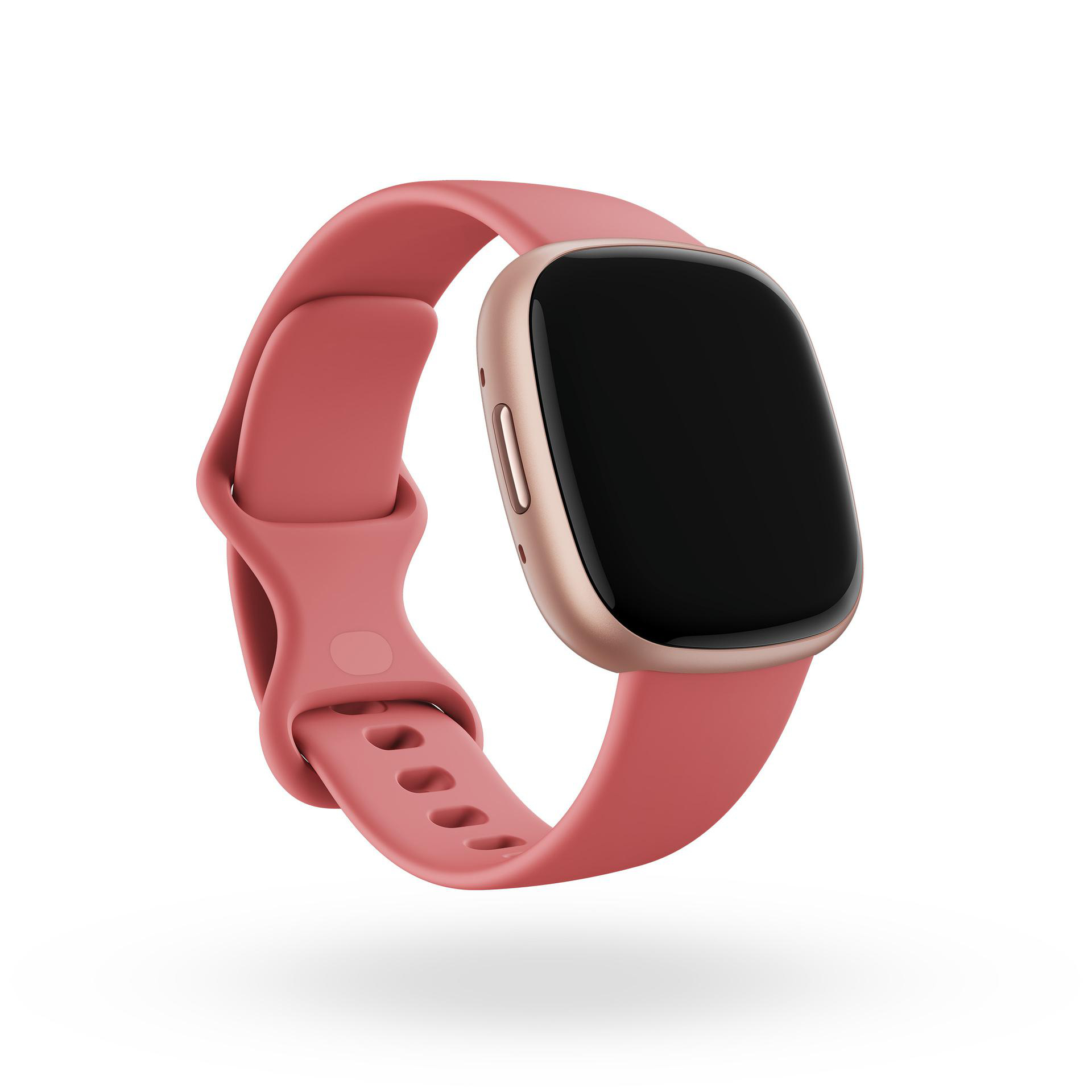 Eine pinkfarbene Smartwatch mit roségoldfarbenem Gehäuse und schwarzem Bildschirm.