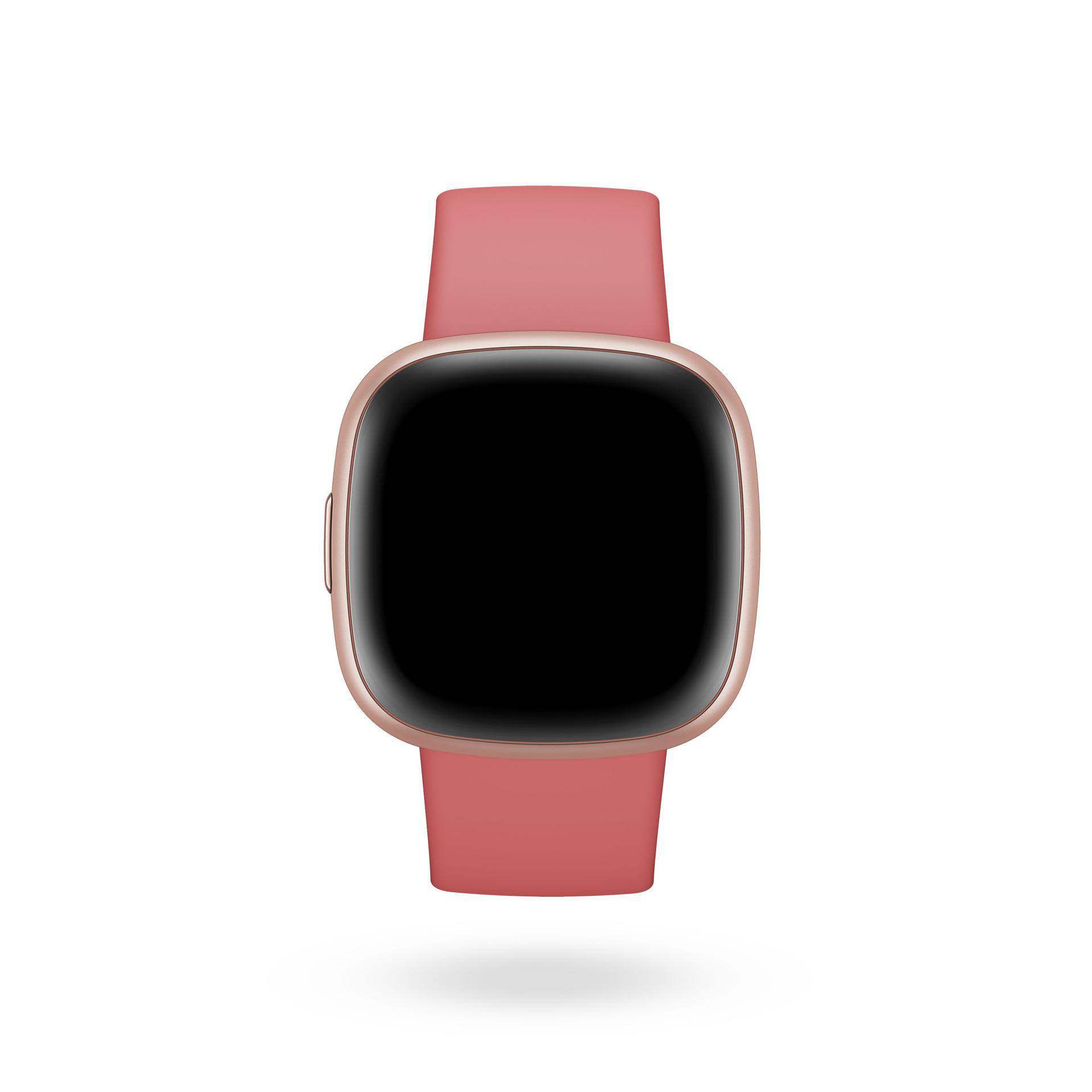 Rosa Smartwatch mit schwarzem Bildschirm und rosa Armband auf weißem Hintergrund.