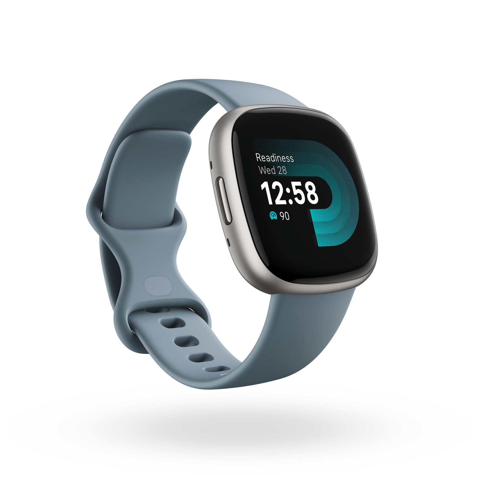 Eine blau-graue Smartwatch mit schwarzem Bildschirm und blauem Armband.