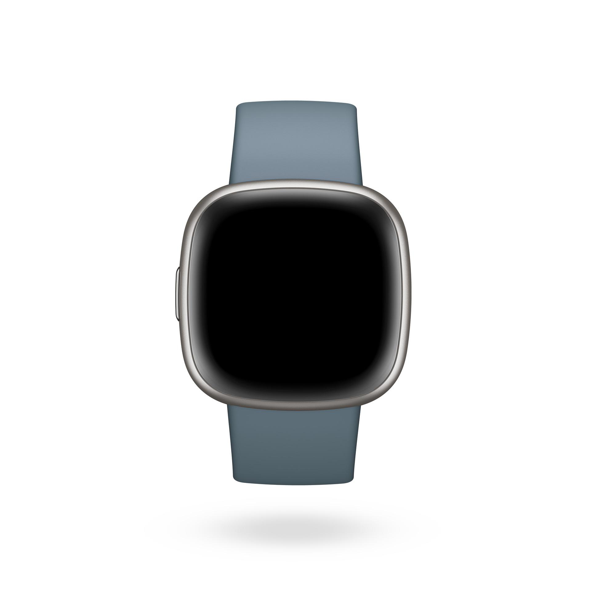 Eine Smartwatch mit schwarzem Bildschirm und blauem Armband.