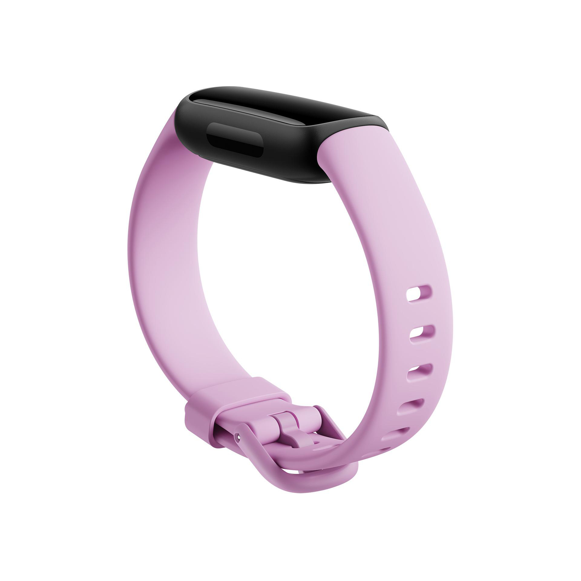 Ein pinkfarbener Fitnesstracker mit schwarzem Bildschirm und Schnalle.