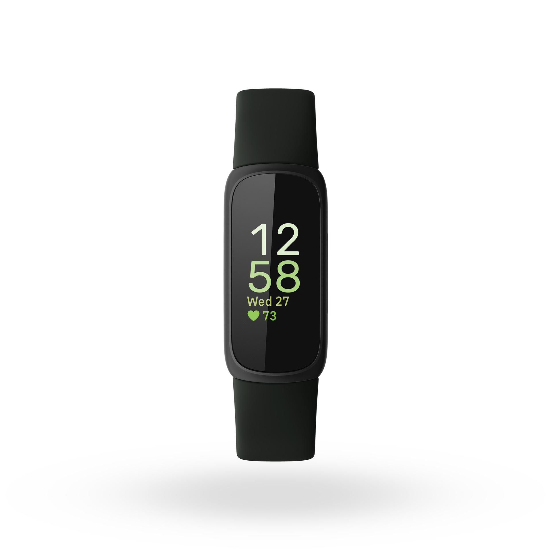 Ein schwarzer Fitnesstracker mit digitaler Anzeige, die Zeit und Herzfrequenz zeigt.