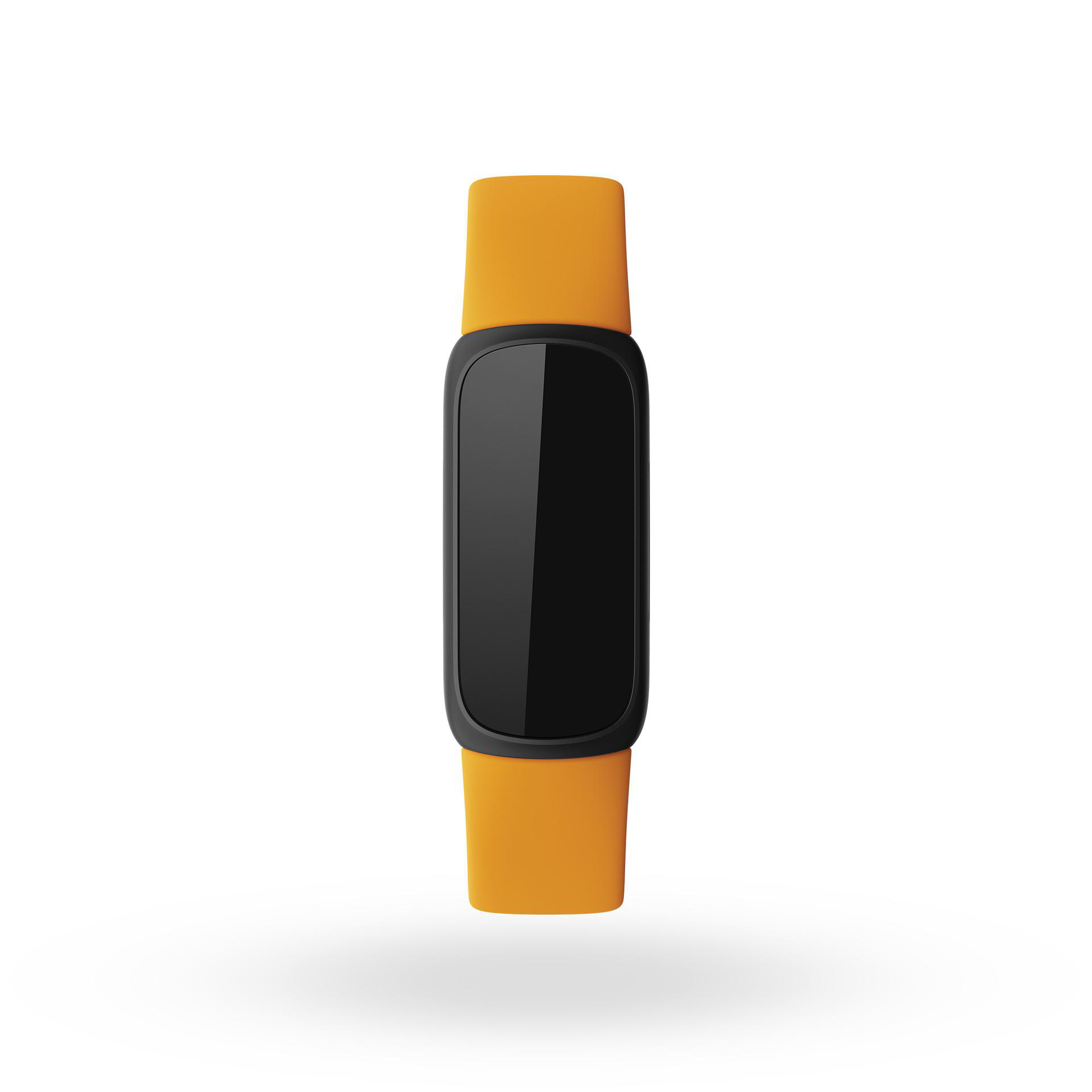 Oranger Fitness-Tracker mit schwarzem Bildschirm, weißer Hintergrund.