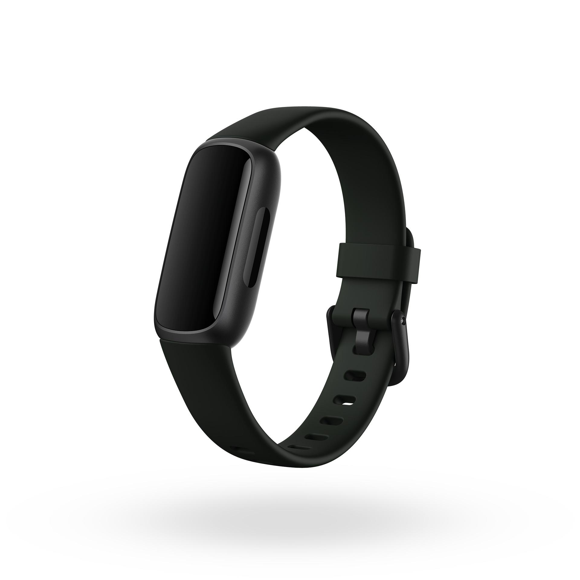 Schwarze Smartwatch mit schwarzem Band auf weißem Hintergrund.