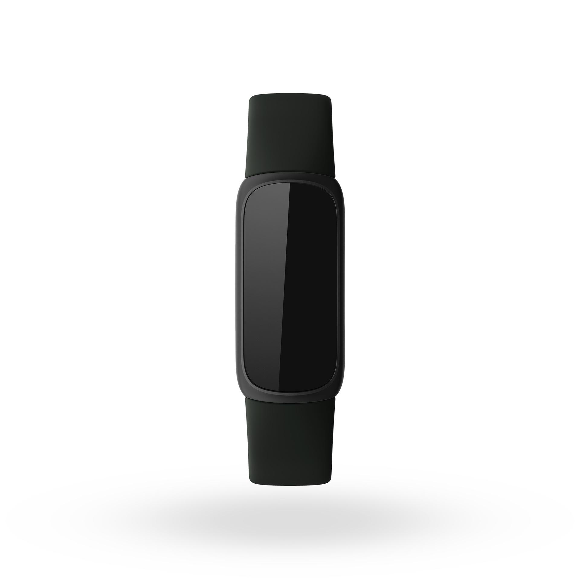 Schwarzer Fitnesstracker mit rechteckigem Bildschirm und schwarzen Armbändern.
