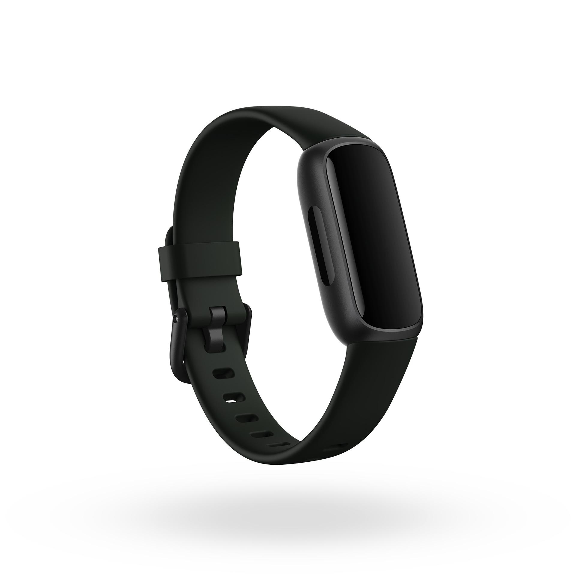 Schwarze Smartwatch mit schwarzem Armband, vor weißem Hintergrund, schwebend.
