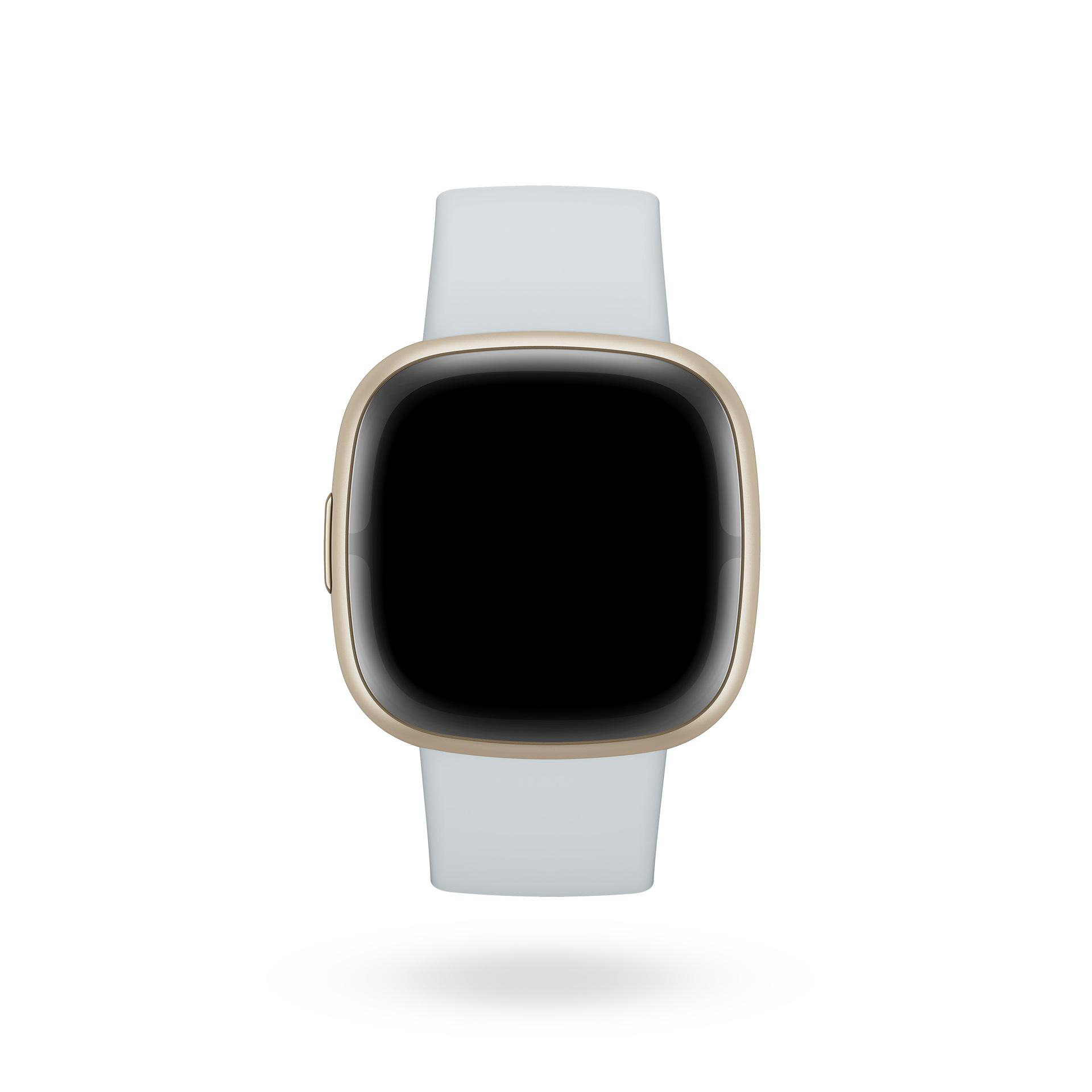 Smartwatch mit schwarzem Bildschirm, goldenem Rahmen und hellblauem Armband, isoliert auf Weiß.