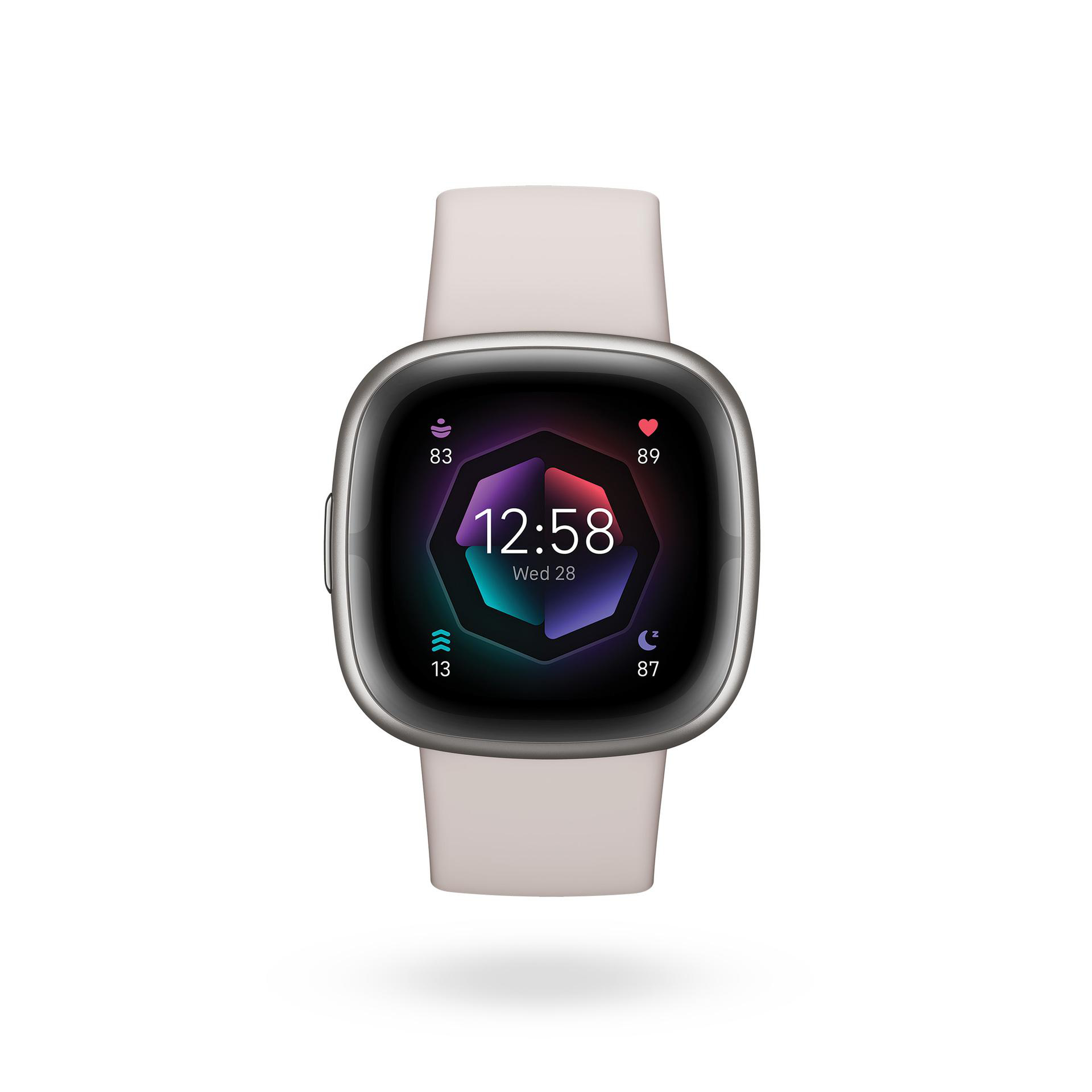 Eine Smartwatch mit hellrosa Armband, zeigt Zeit und Herzfrequenz auf schwarzem Display.