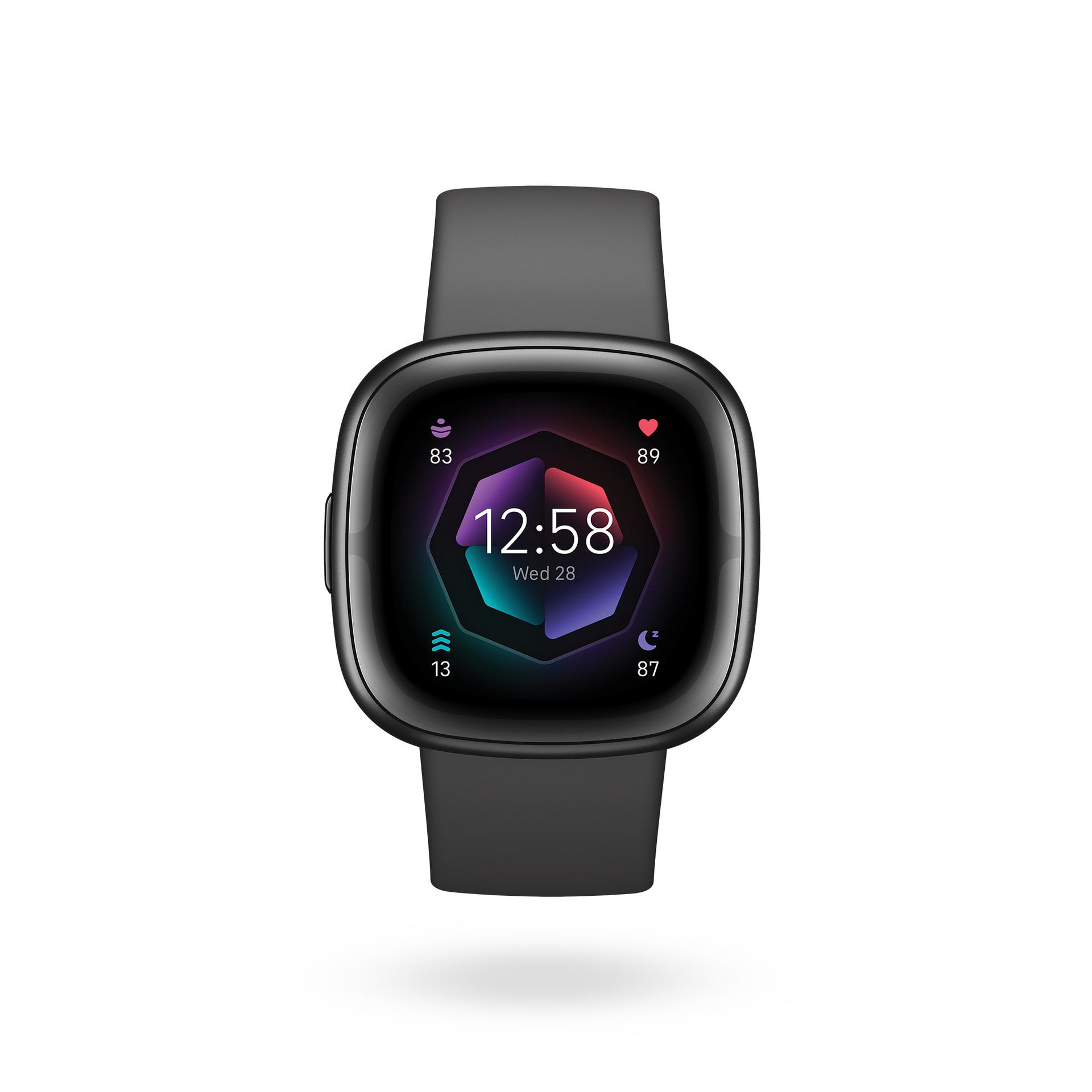Schwarze Smartwatch zeigt Zeit, Herzfrequenz und Statistiken vor weißem Hintergrund.
