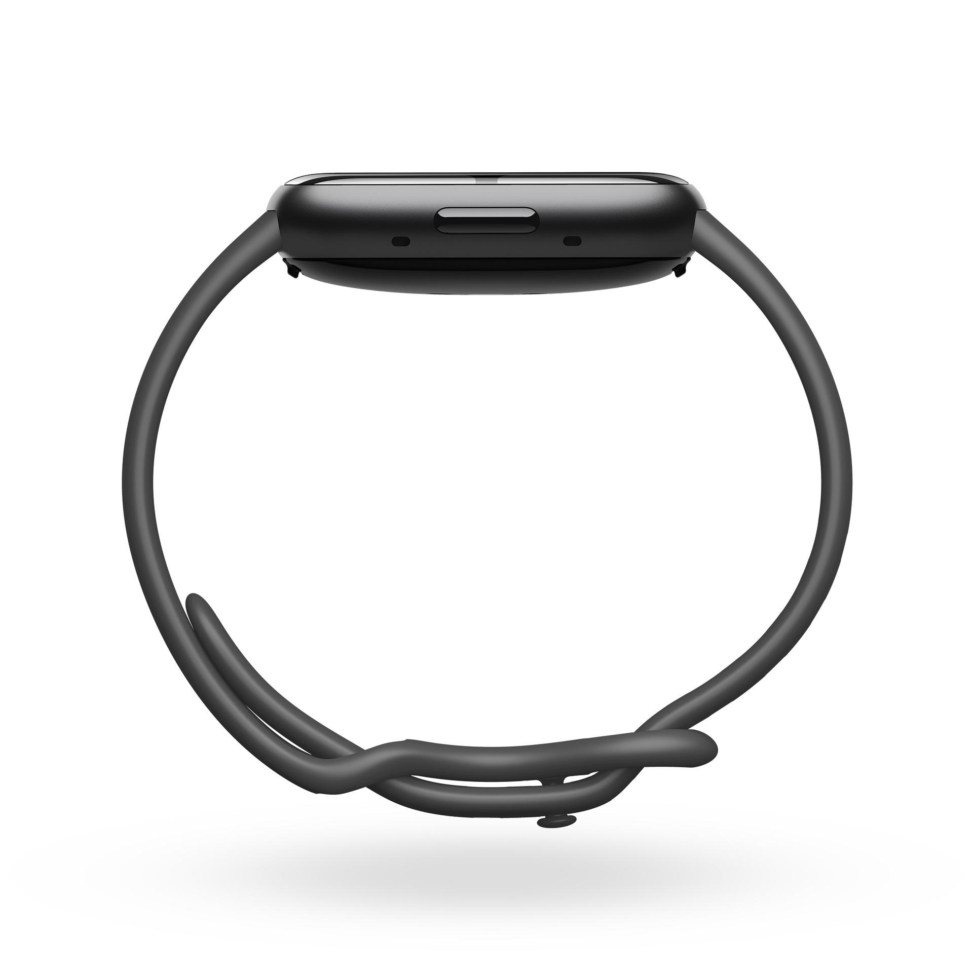Schwarze Smartwatch mit rechteckigem Zifferblatt und gebogenem Armband. Sie liegt flach auf weißem Untergrund.