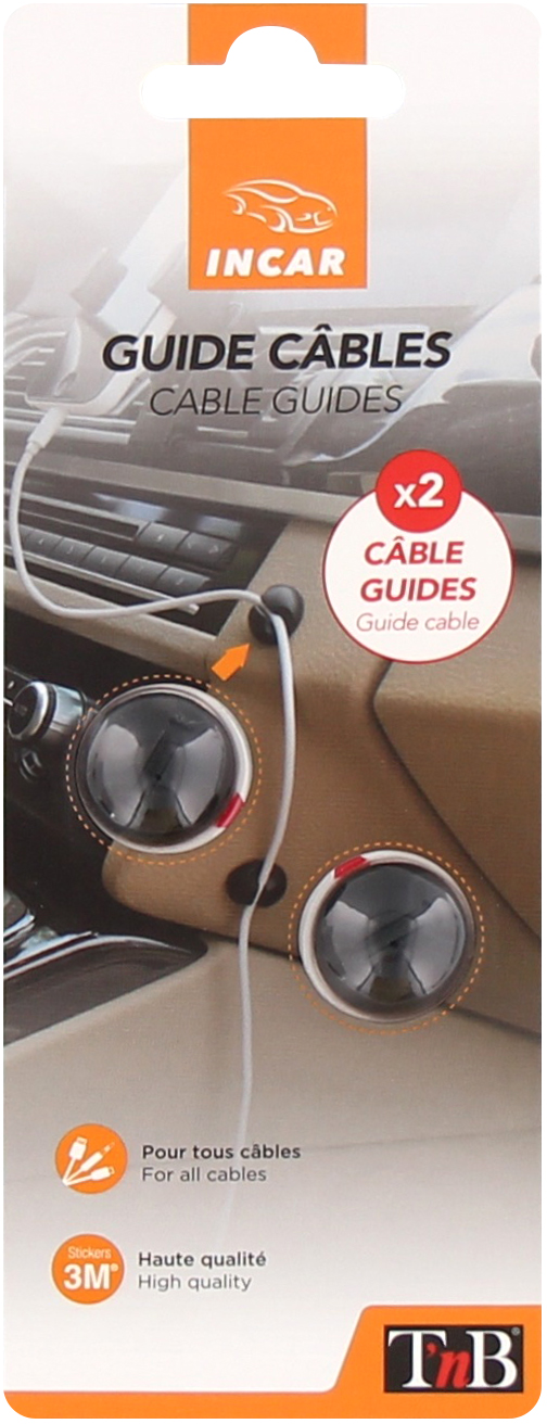 Kabelhalter mit einem Auto-Interieur im Hintergrund. Die Halter sind schwarz, die Kabel weiß.