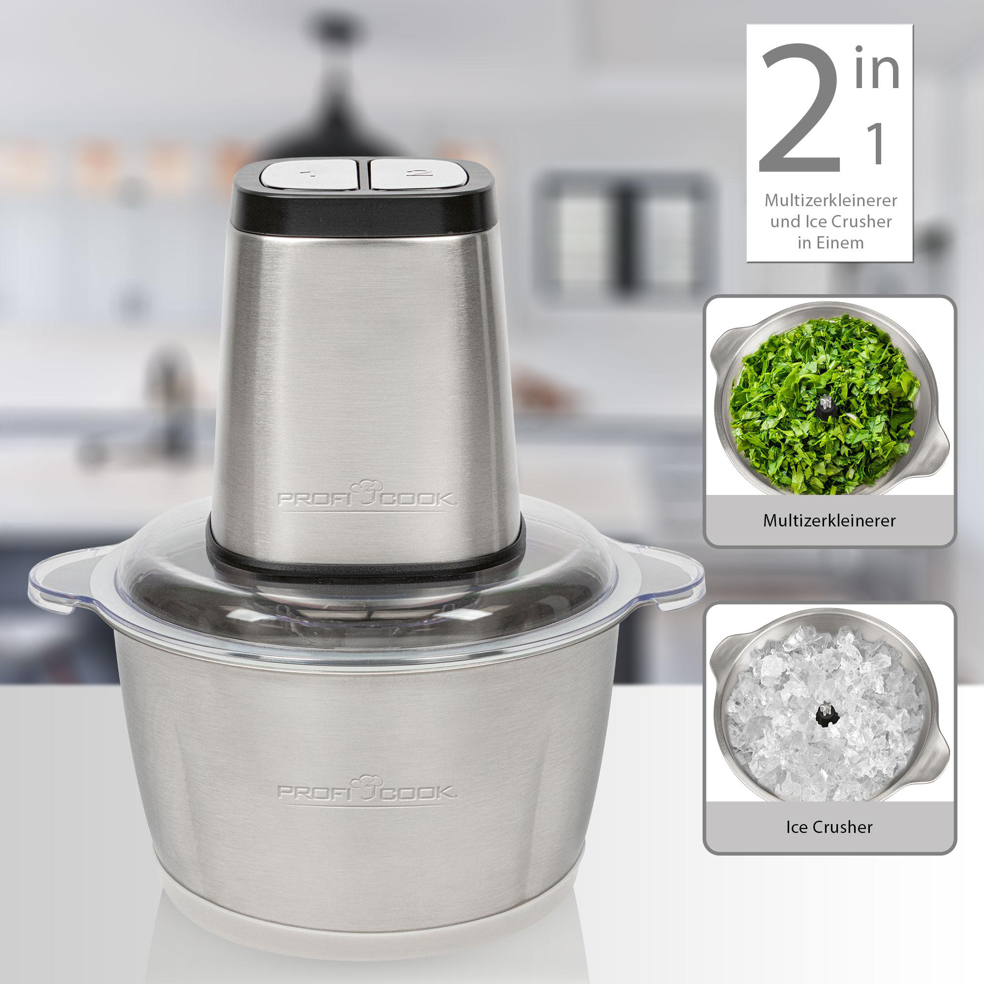 Silber-schwarzer Foodprozessor mit Aufsätzen.