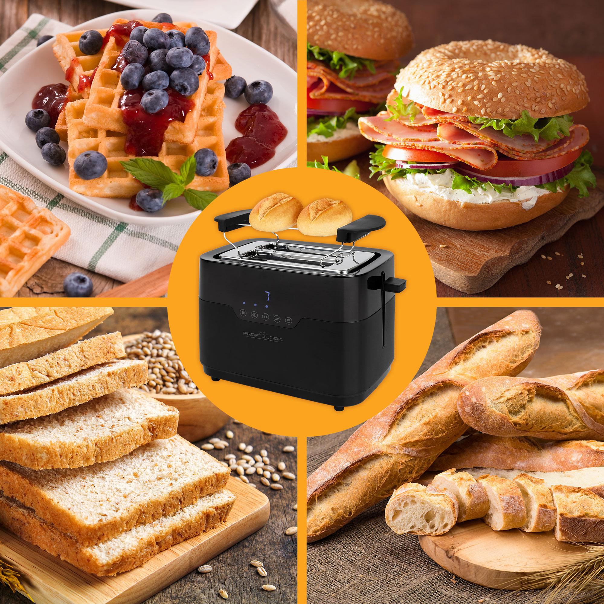 Collage aus Frühstücksoptionen: Waffeln mit Beeren, Bagelsandwich, Brot und Baguette.