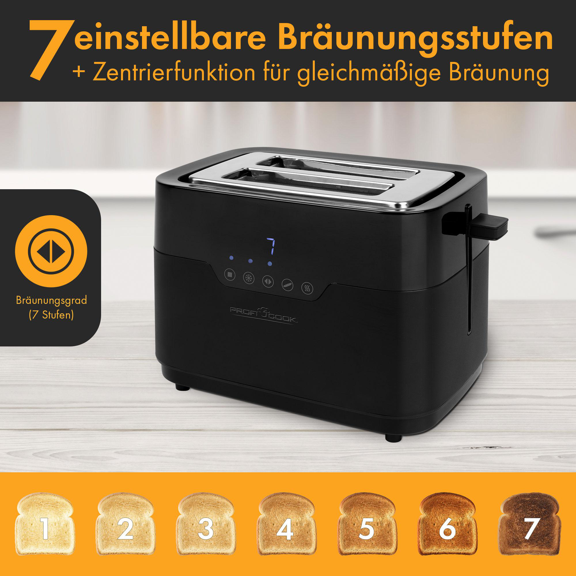 Schwarzer Toaster mit 7 Bräunungsstufen und 7 Brotscheiben, von hell bis dunkel.