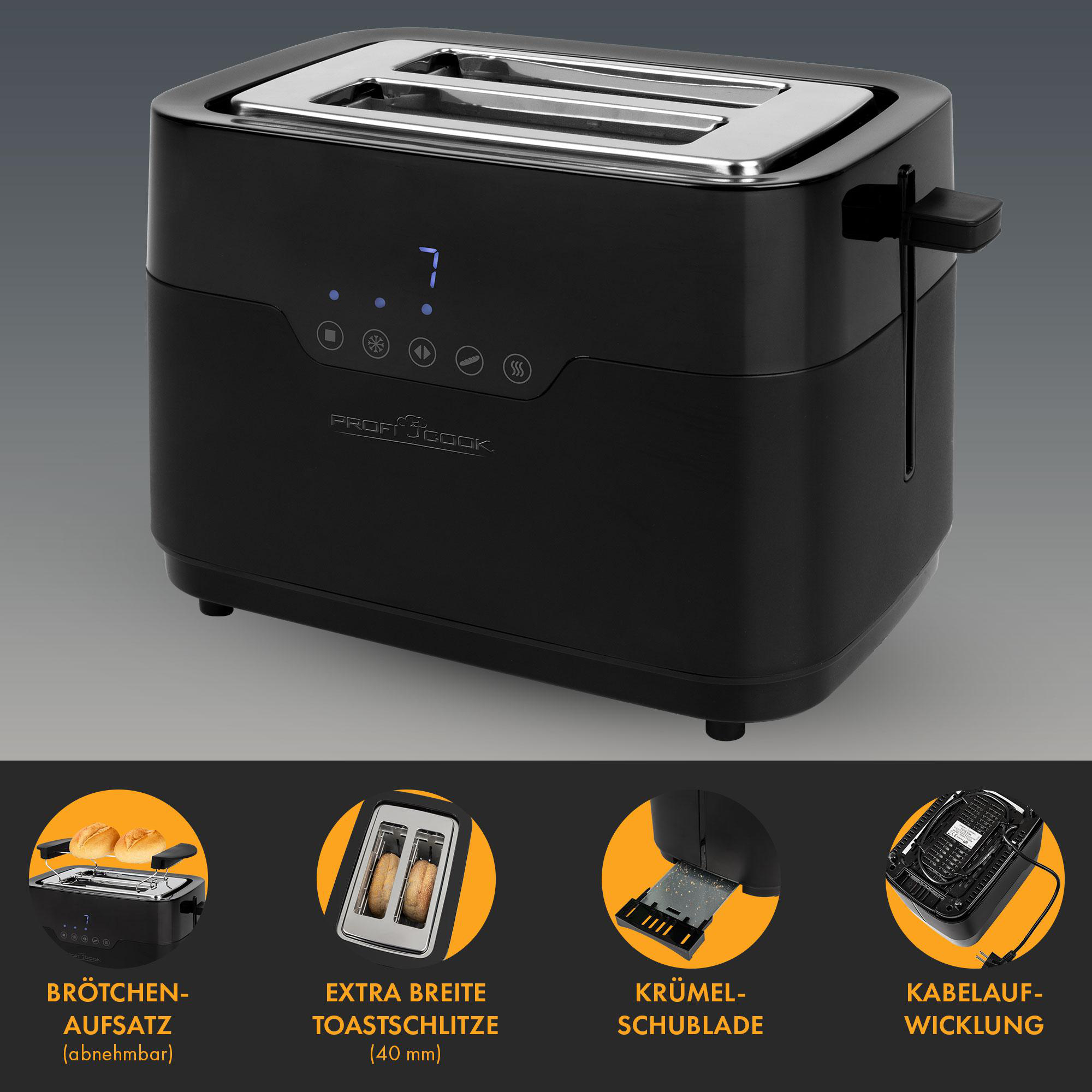 Schwarzer Toaster mit digitalen Bedienelementen und Brötchenaufsatz.