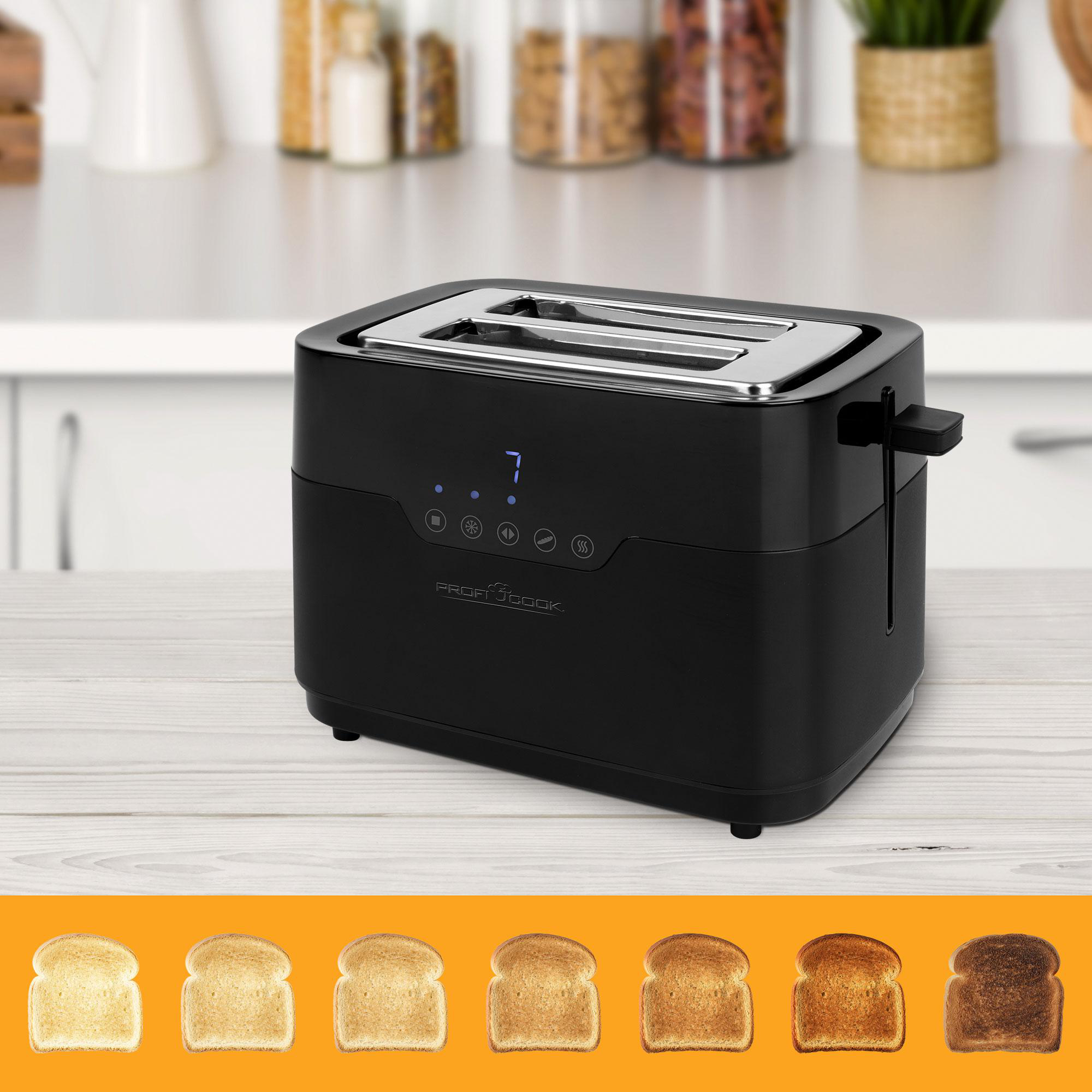 Schwarzer Toaster mit Edelstahlelementen und Brotscheiben.