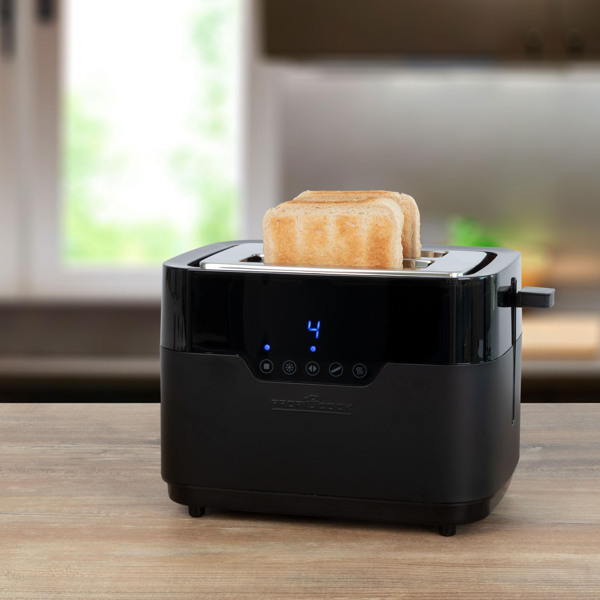 Ein schwarzer Toaster mit zwei Toastbrotscheiben, die toasten. Anzeige zeigt Stufe 4.