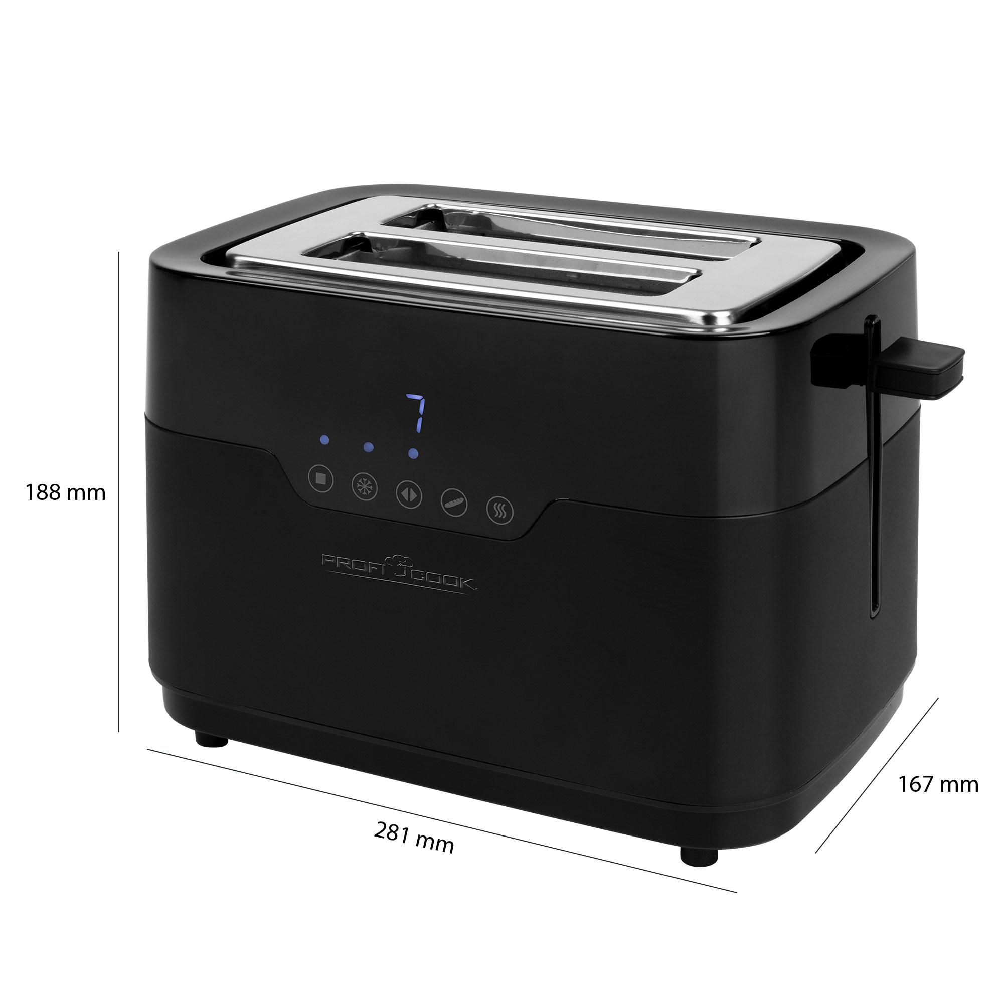 Schwarzer Toaster mit Chromdetails und digitaler Anzeige. Maße: 281x167x188 mm.