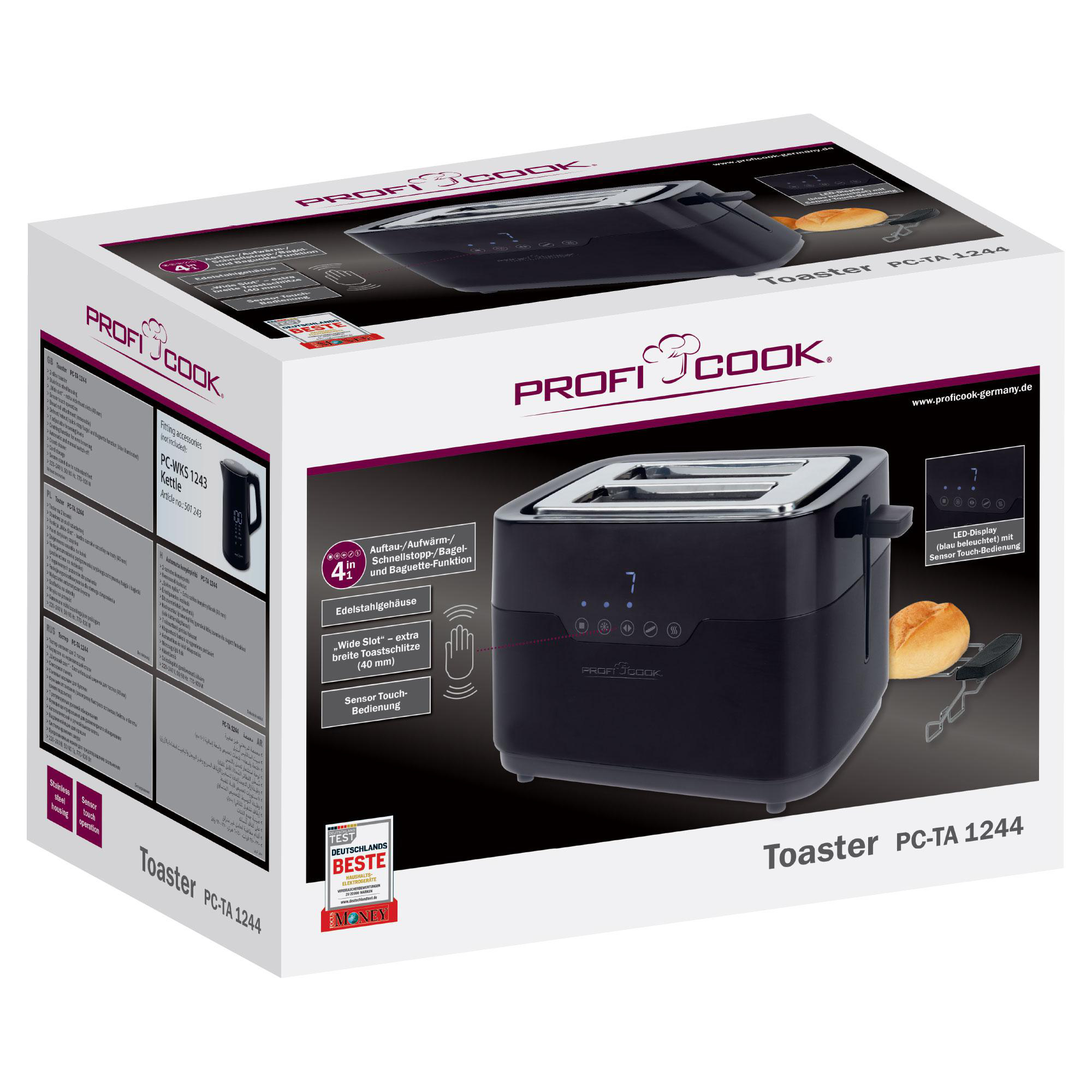 Schwarzer Profi Cook Toaster PC-TA 1244 mit Edelstahlelementen und Brötchenaufsatz.